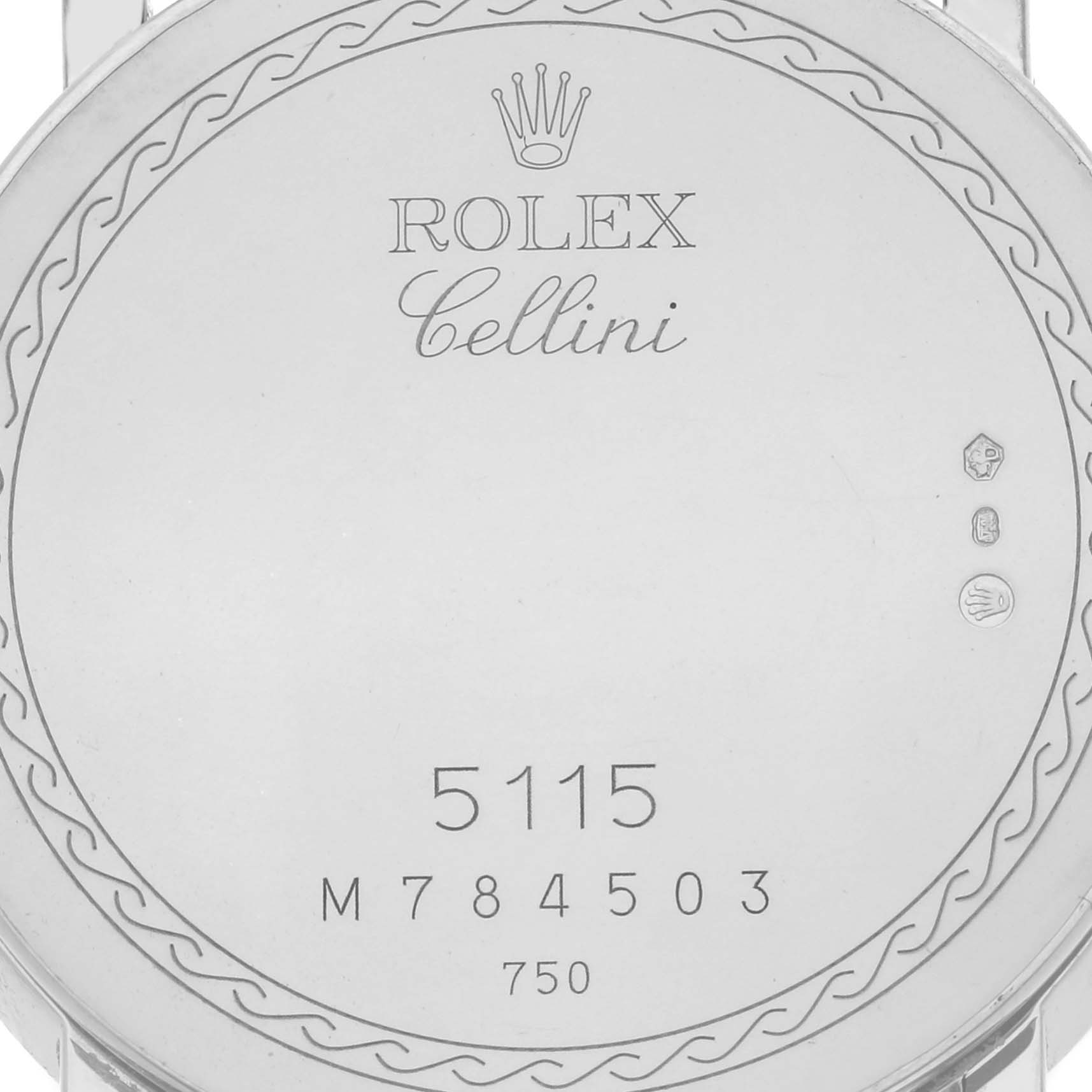 The image shows the back of a Rolex Cellini 5115/9 Men's White Gold Silver Dial 5115/9 Men's White Gold Silver Dial watch, highlighting the branding and model numbers.