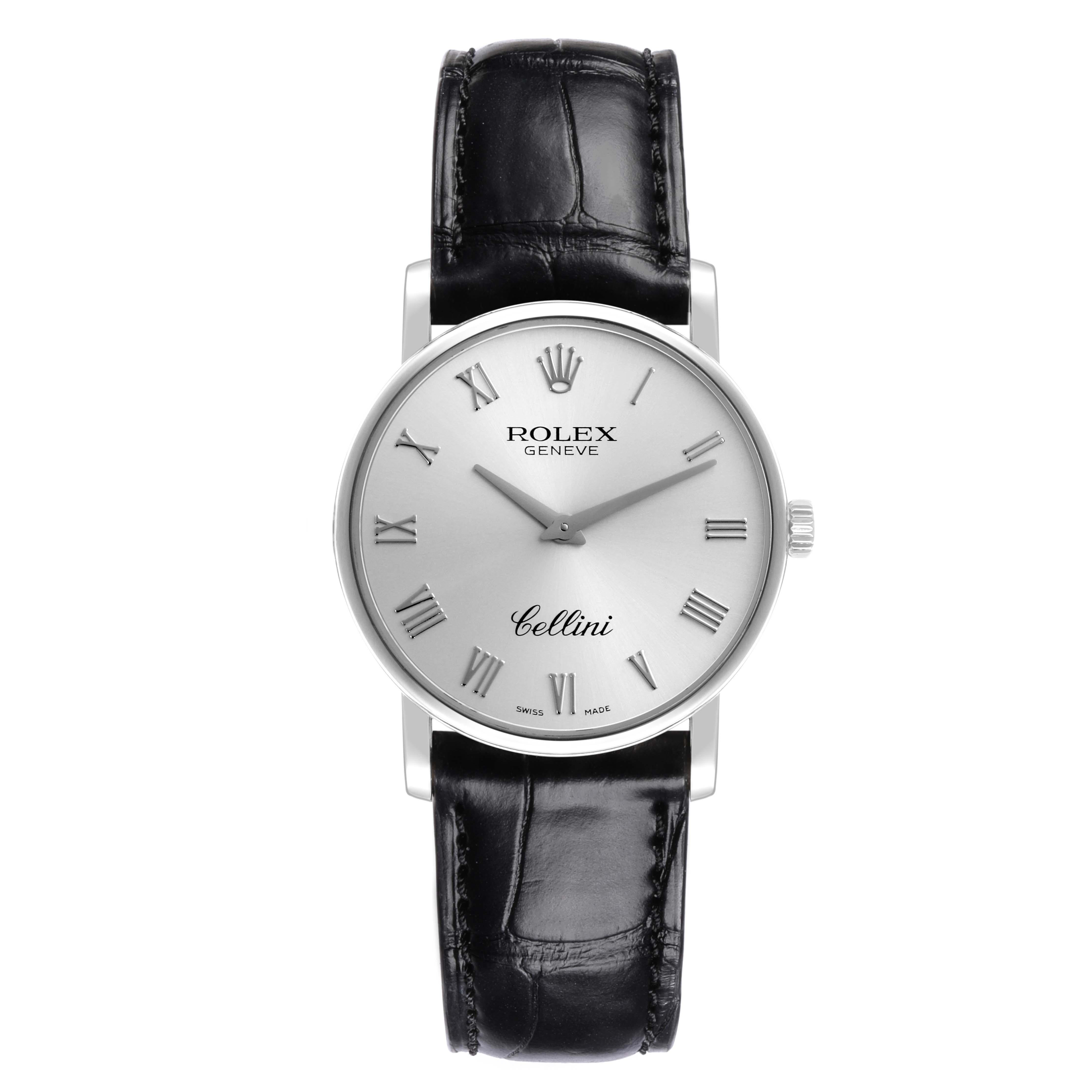 The Rolex Cellini 5115/9 Men's White Gold Silver Dial 5115/9 Men's White Gold Silver Dial watch is shown from the front, highlighting the dial, hands, and black leather strap.