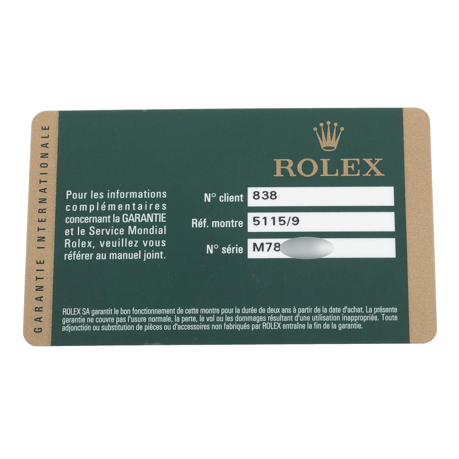 The image shows a Rolex Cellini 5115/9 Men's White Gold Silver Dial 5115/9 Men's White Gold Silver Dial guarantee card with model and serial numbers.