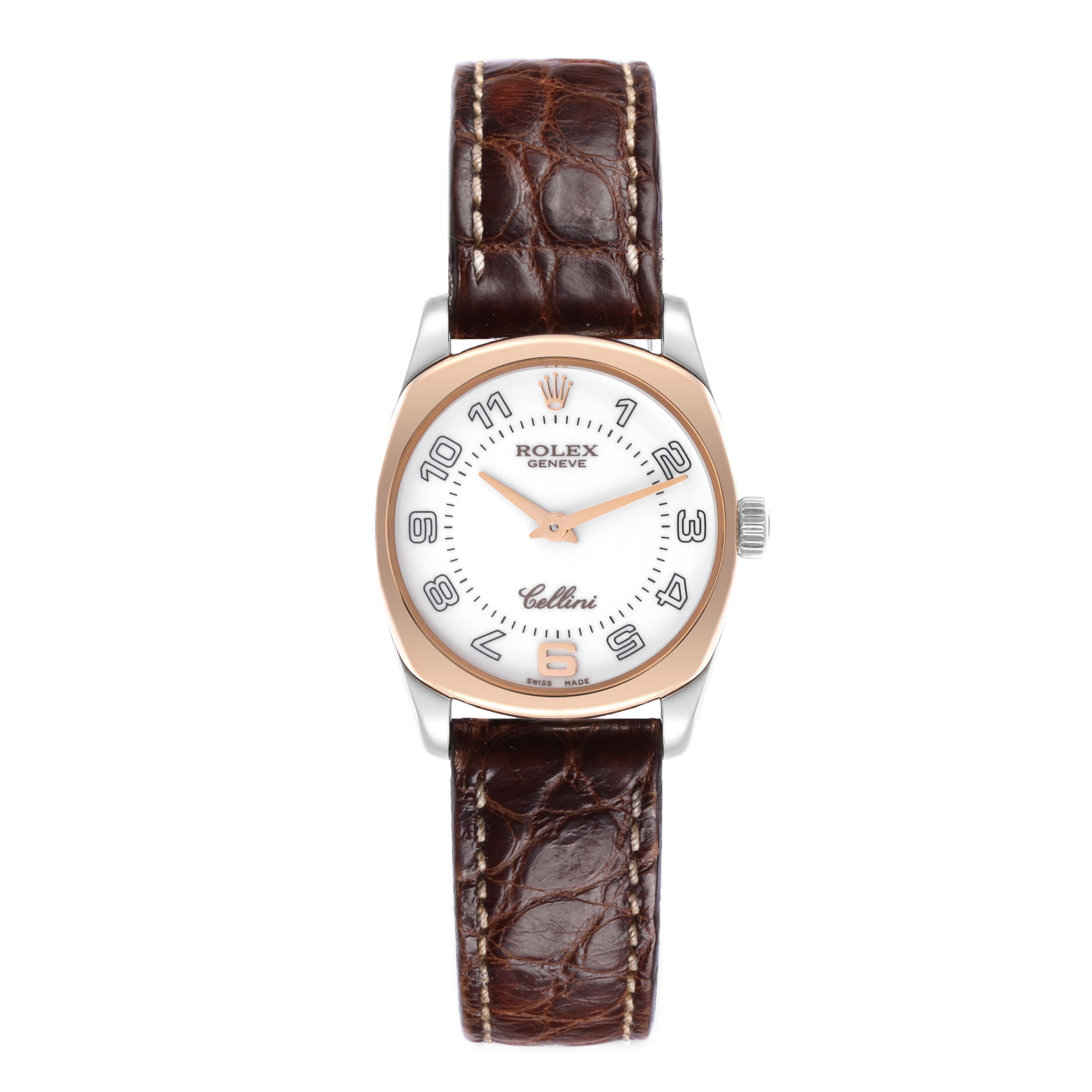 The Rolex Cellini 6229/9BIC Women's Steel and Gold (two tone) White Dial 6229/9BIC Women's Steel and Gold (two tone) White Dial watch is shown from a top-down angle, displaying the face, case, and brown leather strap.