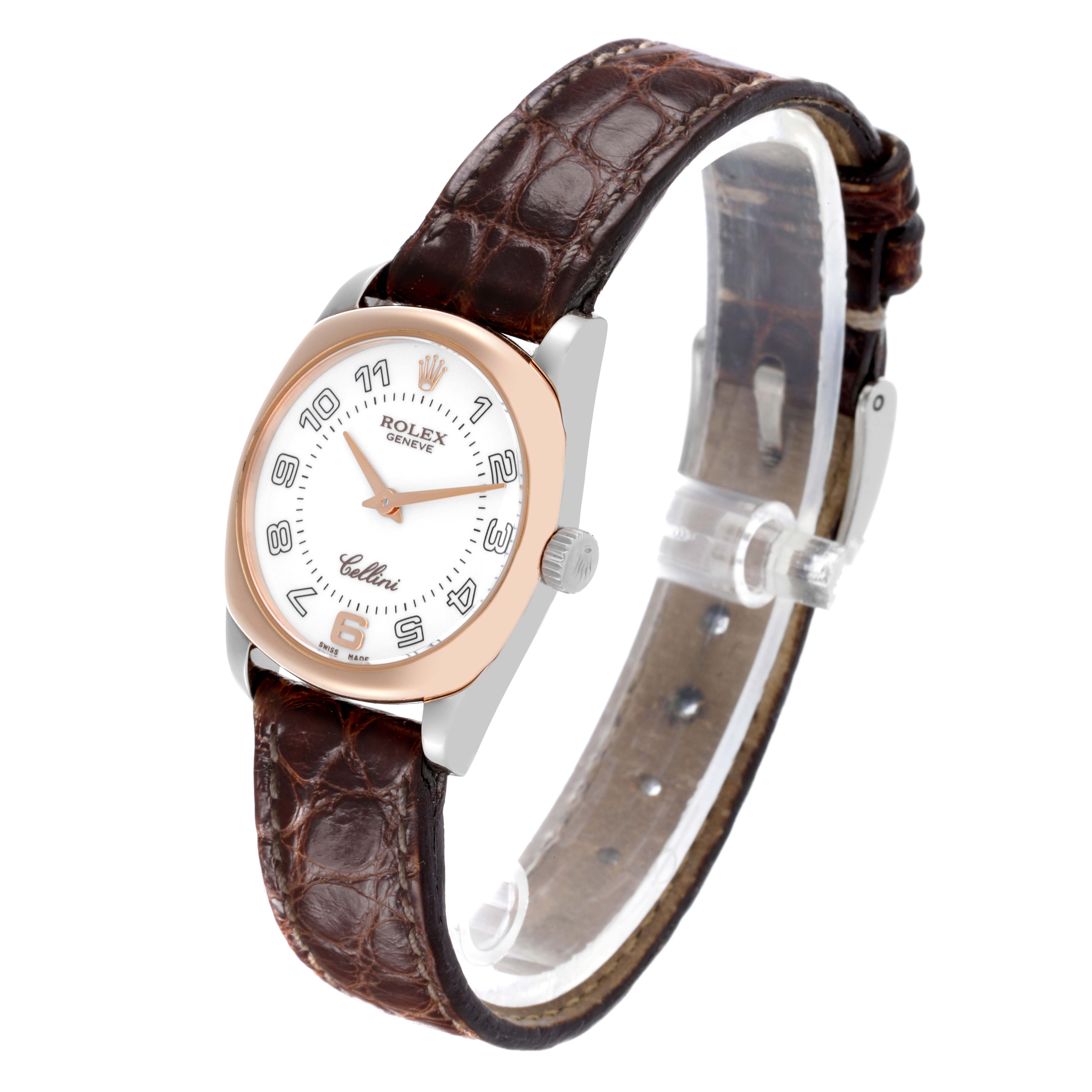 The Rolex Cellini 6229/9BIC Women's Steel and Gold (two tone) White Dial 6229/9BIC Women's Steel and Gold (two tone) White Dial watch is shown from a three-quarter angle, displaying its face, strap, and side view.