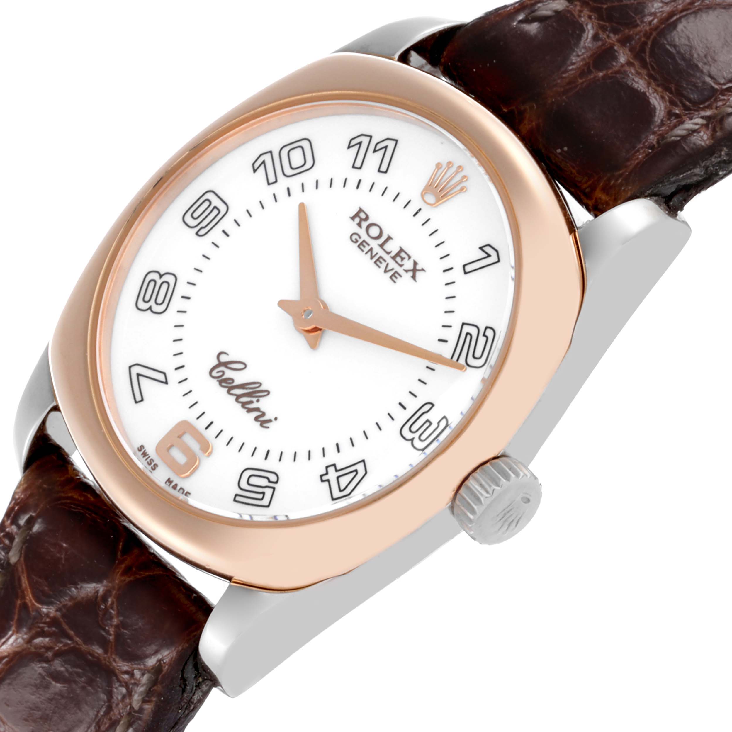 The Rolex Cellini 6229/9BIC Women's Steel and Gold (two tone) White Dial 6229/9BIC Women's Steel and Gold (two tone) White Dial watch is shown from a top angle, highlighting the dial, case, bezel, crown, and leather strap.