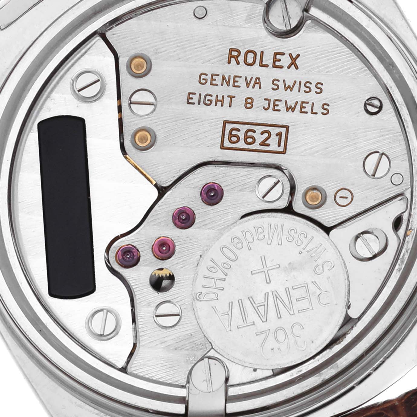 The image shows the movement mechanism of a Rolex Cellini 6229/9BIC Women's Steel and Gold (two tone) White Dial 6229/9BIC Women's Steel and Gold (two tone) White Dial watch, featuring the brand, jewels, and battery details.