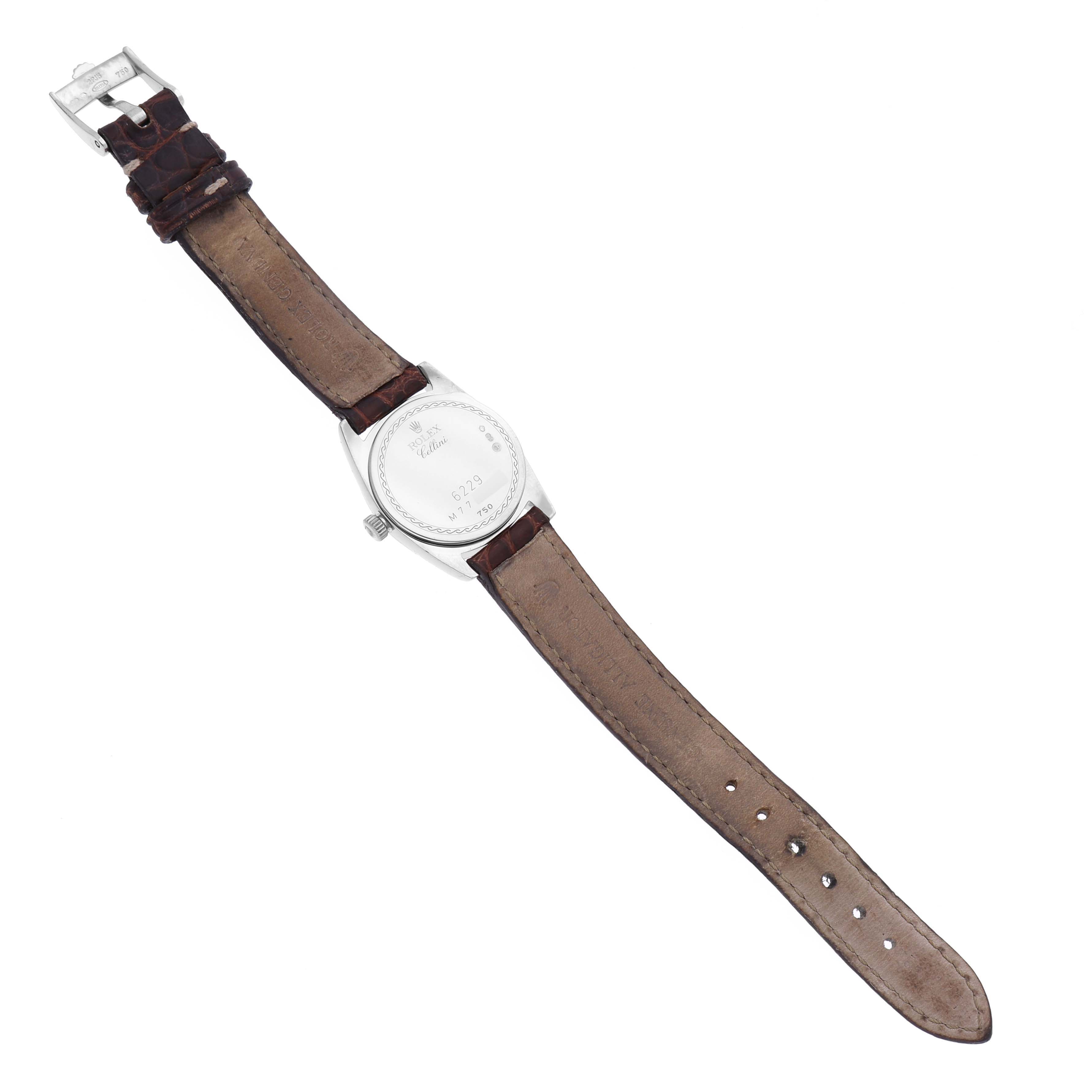 The Rolex Cellini 6229/9BIC Women's Steel and Gold (two tone) White Dial 6229/9BIC Women's Steel and Gold (two tone) White Dial watch is shown from the back, displaying the case back, strap, and buckle.