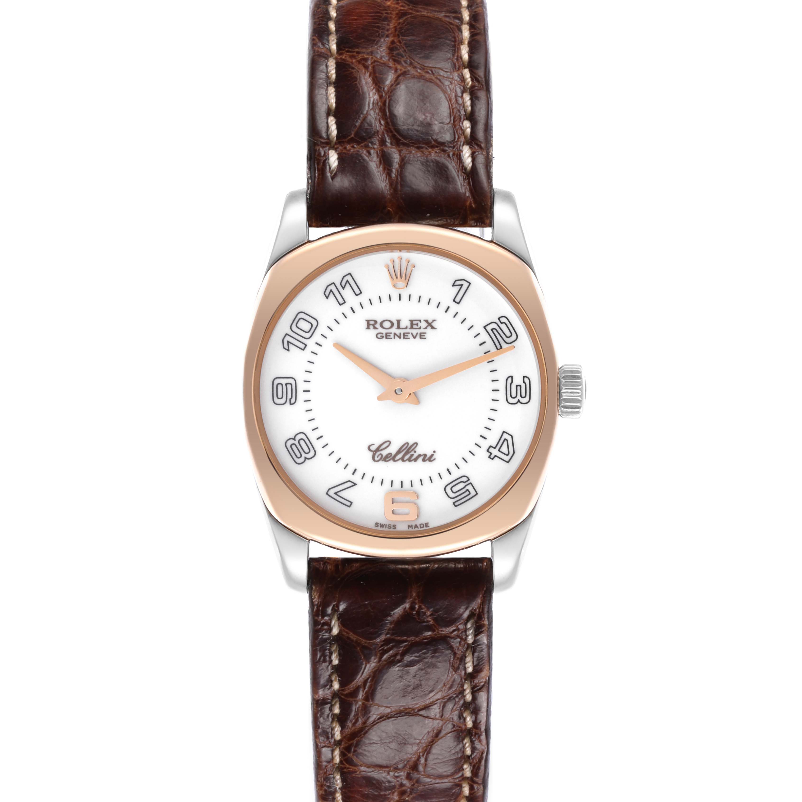 The Rolex Cellini 6229/9BIC Women's Steel and Gold (two tone) White Dial 6229/9BIC Women's Steel and Gold (two tone) White Dial watch is shown from a front angle, displaying the face, bezel, and leather strap.