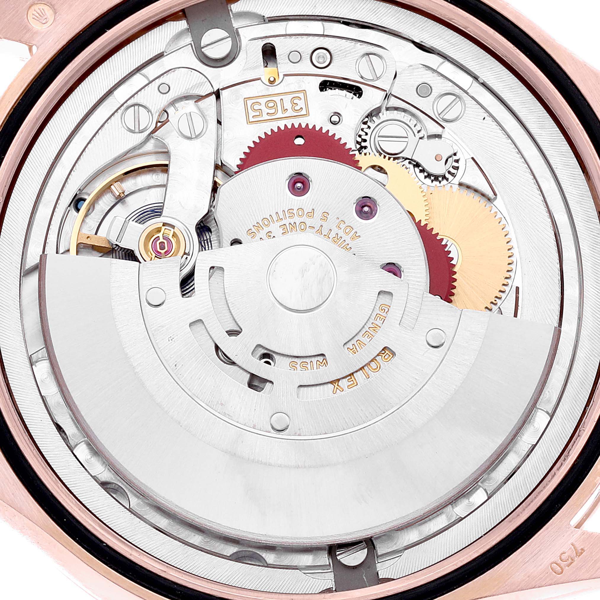 The image shows a close-up view of the movement of a Rolex Cellini 50515 Men
s Rose Gold Silver Dial 50515 Men
s Rose Gold Silver Dial watch, highlighting its intricate inner mechanisms.
