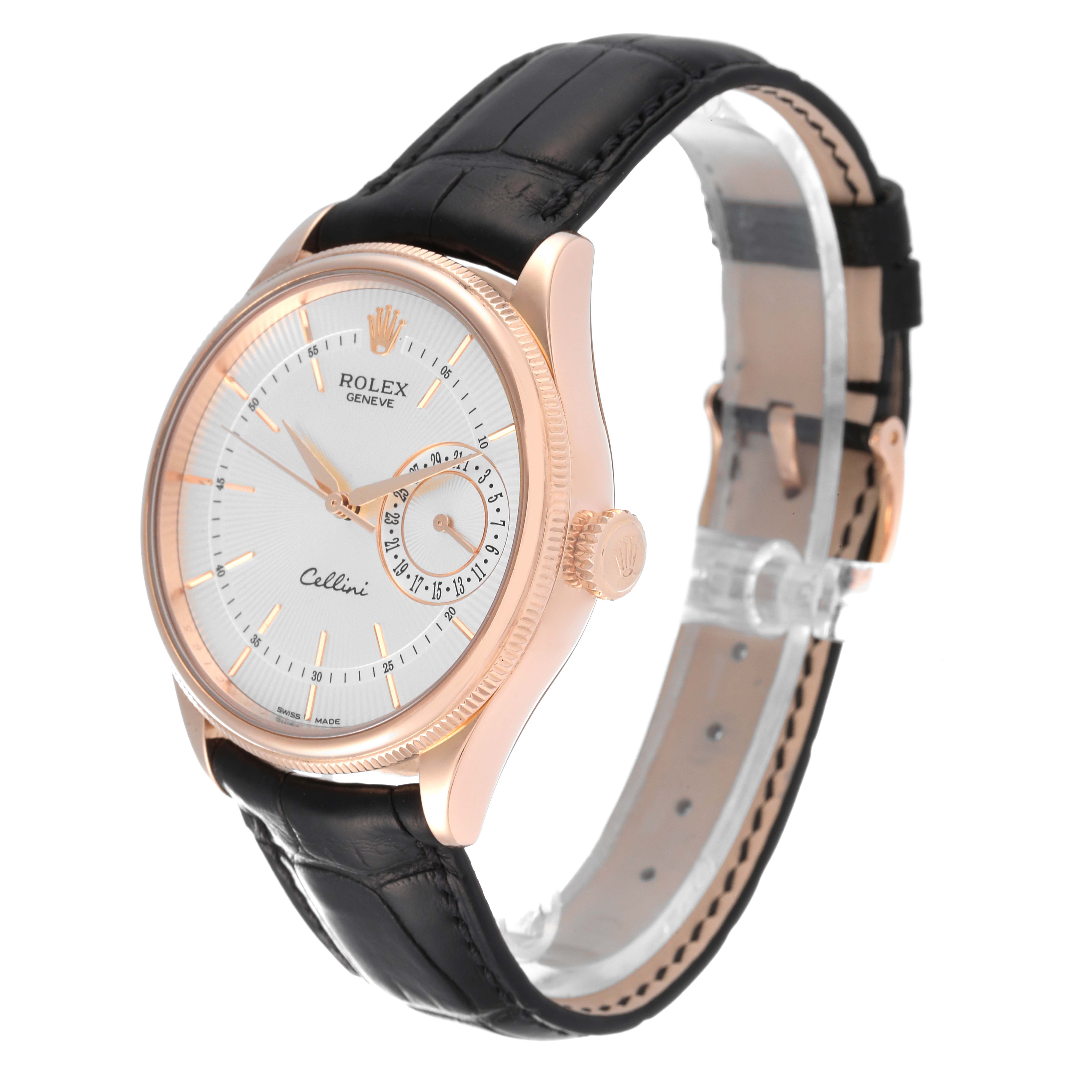The image shows a Rolex Cellini 50515 Men
s Rose Gold Silver Dial 50515 Men
s Rose Gold Silver Dial watch at a side angle, highlighting the watch face, crown, and leather strap.