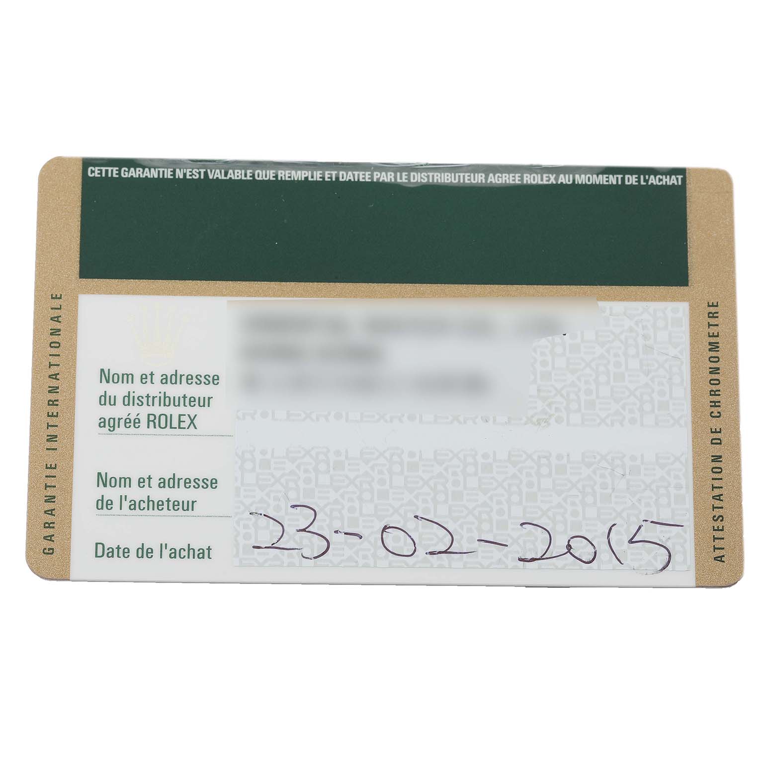 This image shows the warranty card for a Rolex Cellini 50515 Men
s Rose Gold Silver Dial 50515 Men
s Rose Gold Silver Dial watch, displaying the distributor
s and buyer
s details, and the purchase date.