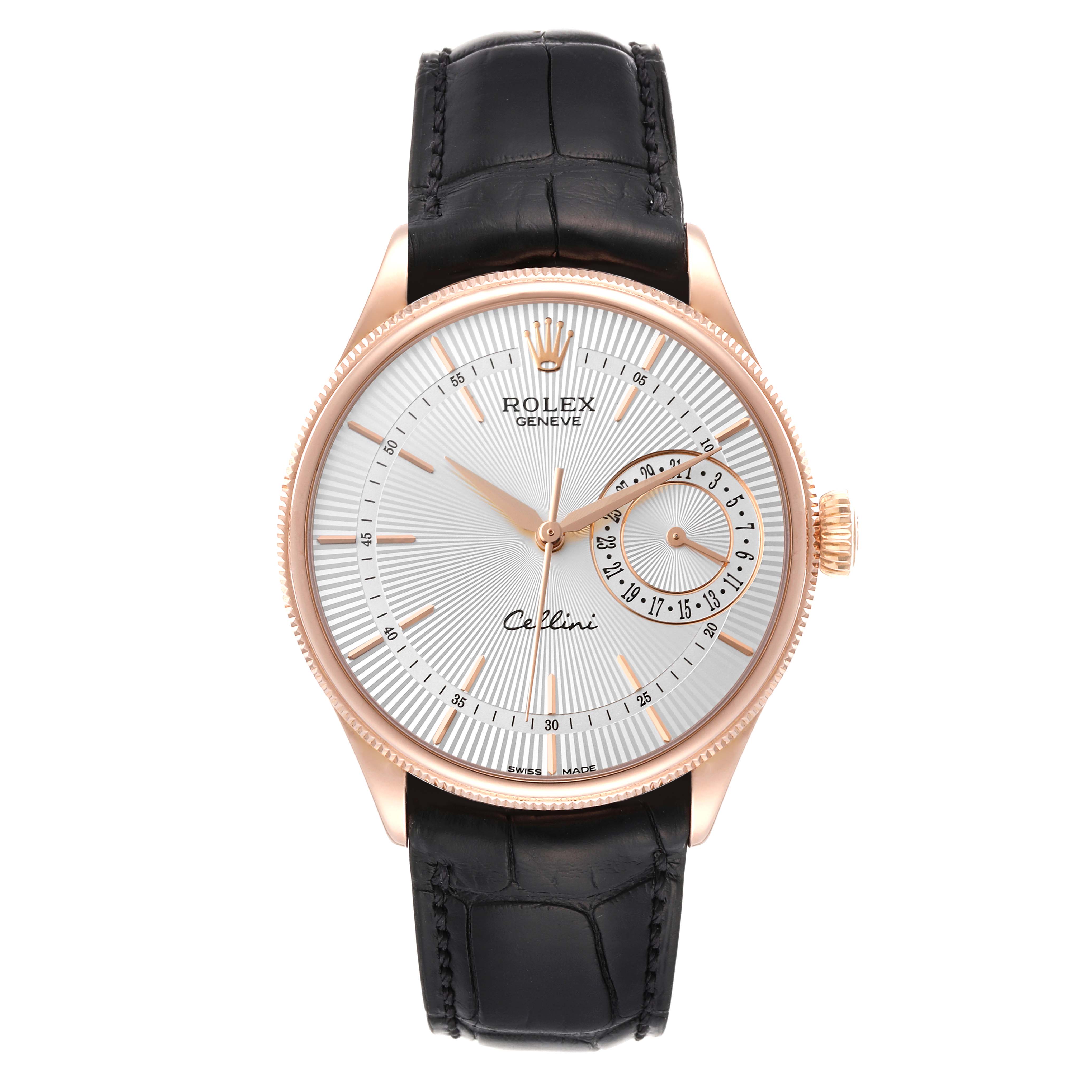 This image shows a Rolex Cellini 50515 Men
s Rose Gold Silver Dial 50515 Men
s Rose Gold Silver Dial watch from a front angle, highlighting its dial, hands, case, crown, and black leather strap.