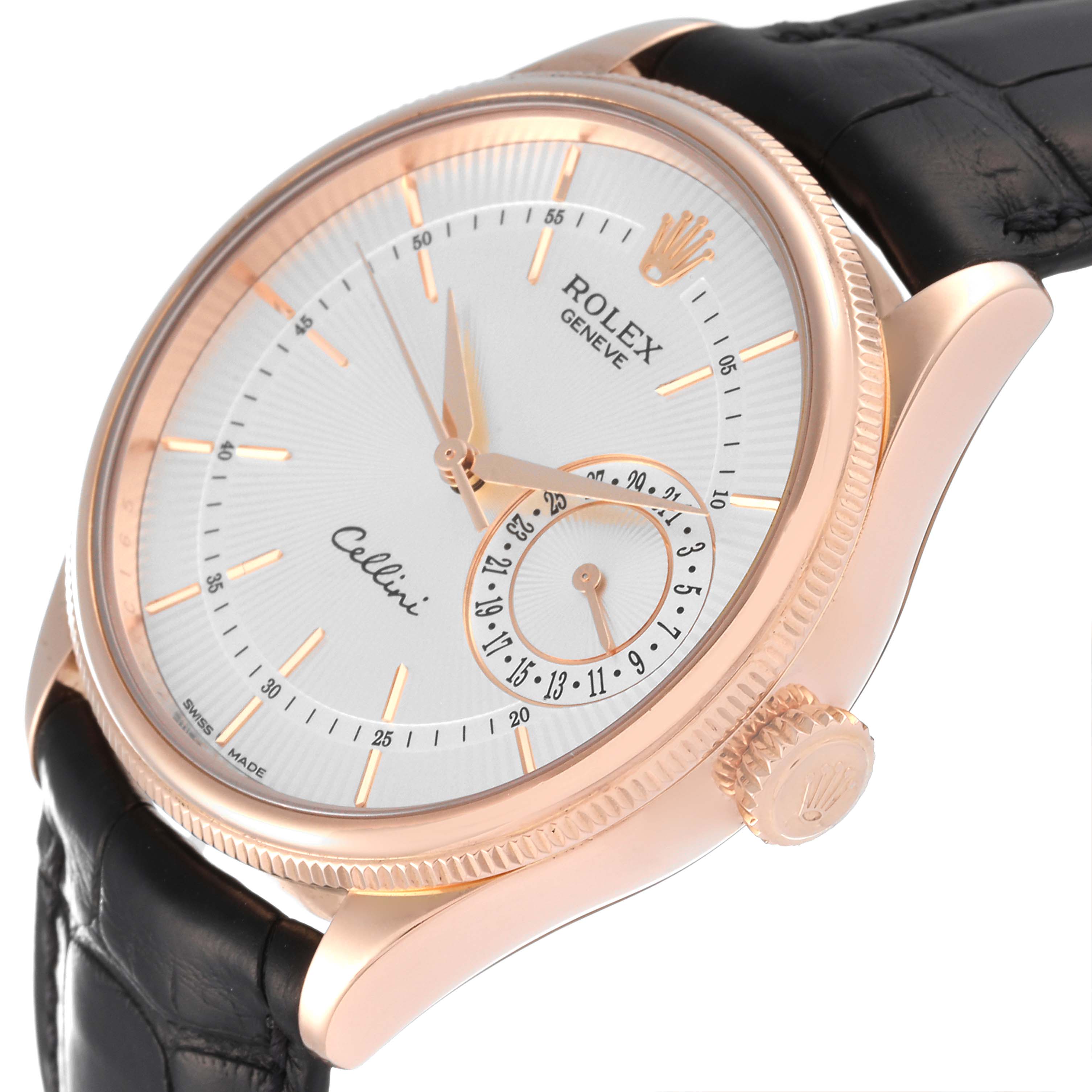 This image shows a side angle of the Rolex Cellini 50515 Men
s Rose Gold Silver Dial 50515 Men
s Rose Gold Silver Dial watch, highlighting its face, bezel, crown, and leather strap.