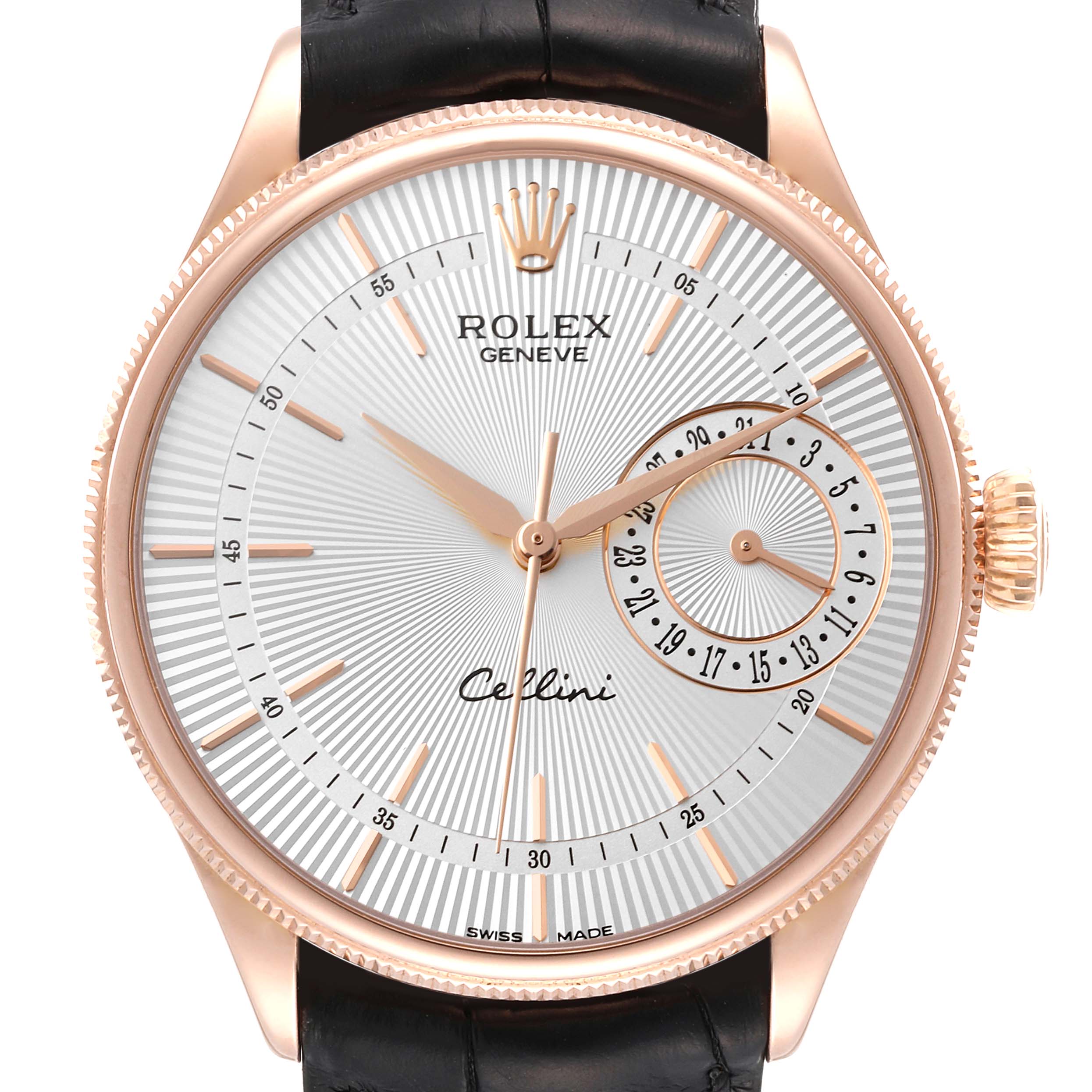 This image shows a front view of a Rolex Cellini 50515 Men
s Rose Gold Silver Dial 50515 Men
s Rose Gold Silver Dial watch with a leather strap, detailing the dial and hands.
