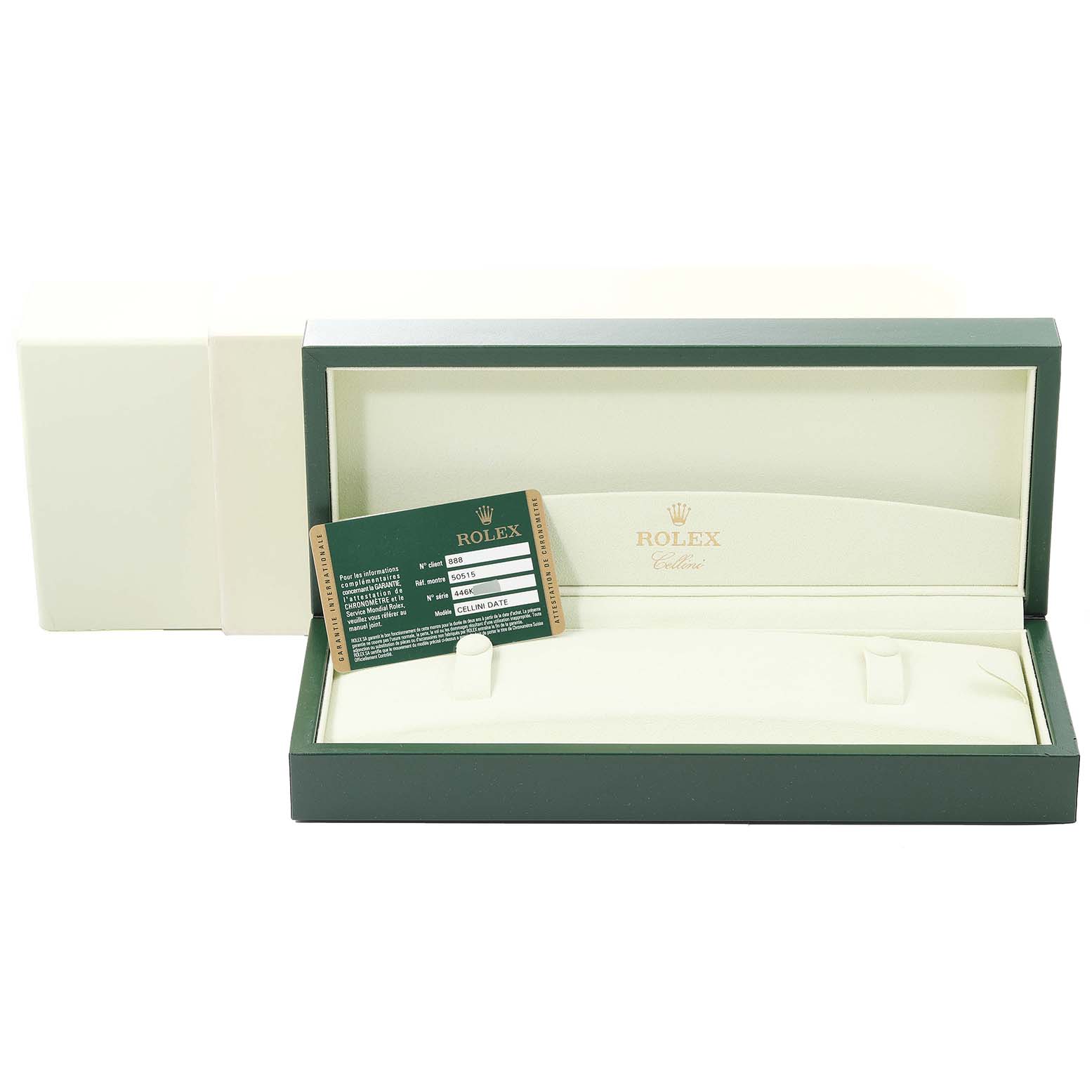 The image shows a Rolex Cellini 50515 Men
s Rose Gold Silver Dial 50515 Men
s Rose Gold Silver Dial watch box and warranty card with the lid open from a front angle.