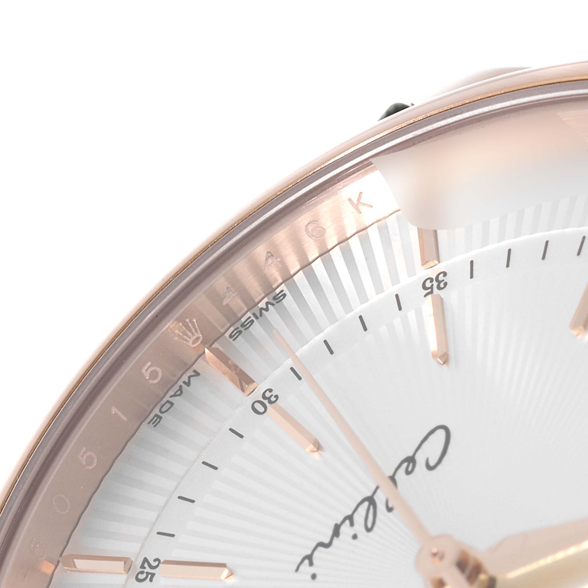 This image shows a close-up of the face and bezel of a Rolex Cellini 50515 Men
s Rose Gold Silver Dial 50515 Men
s Rose Gold Silver Dial watch, highlighting the "Swiss Made" label and part of the minute markers.