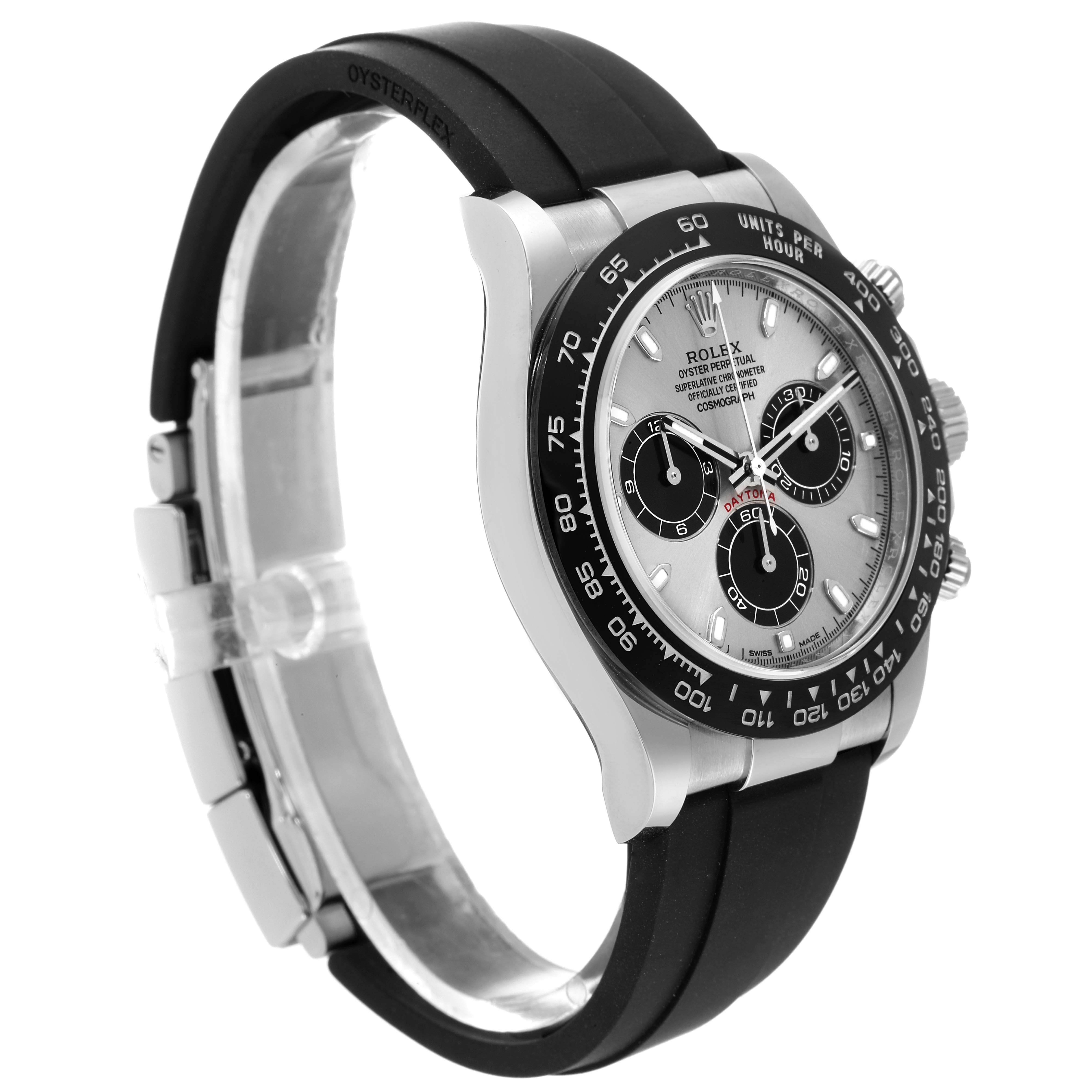 This image shows a side angle of a Rolex Daytona 116519 Men's White Gold Grey Dial 116519 Men's White Gold Grey Dial watch, featuring its face, bezel, pushers, and Oysterflex bracelet.