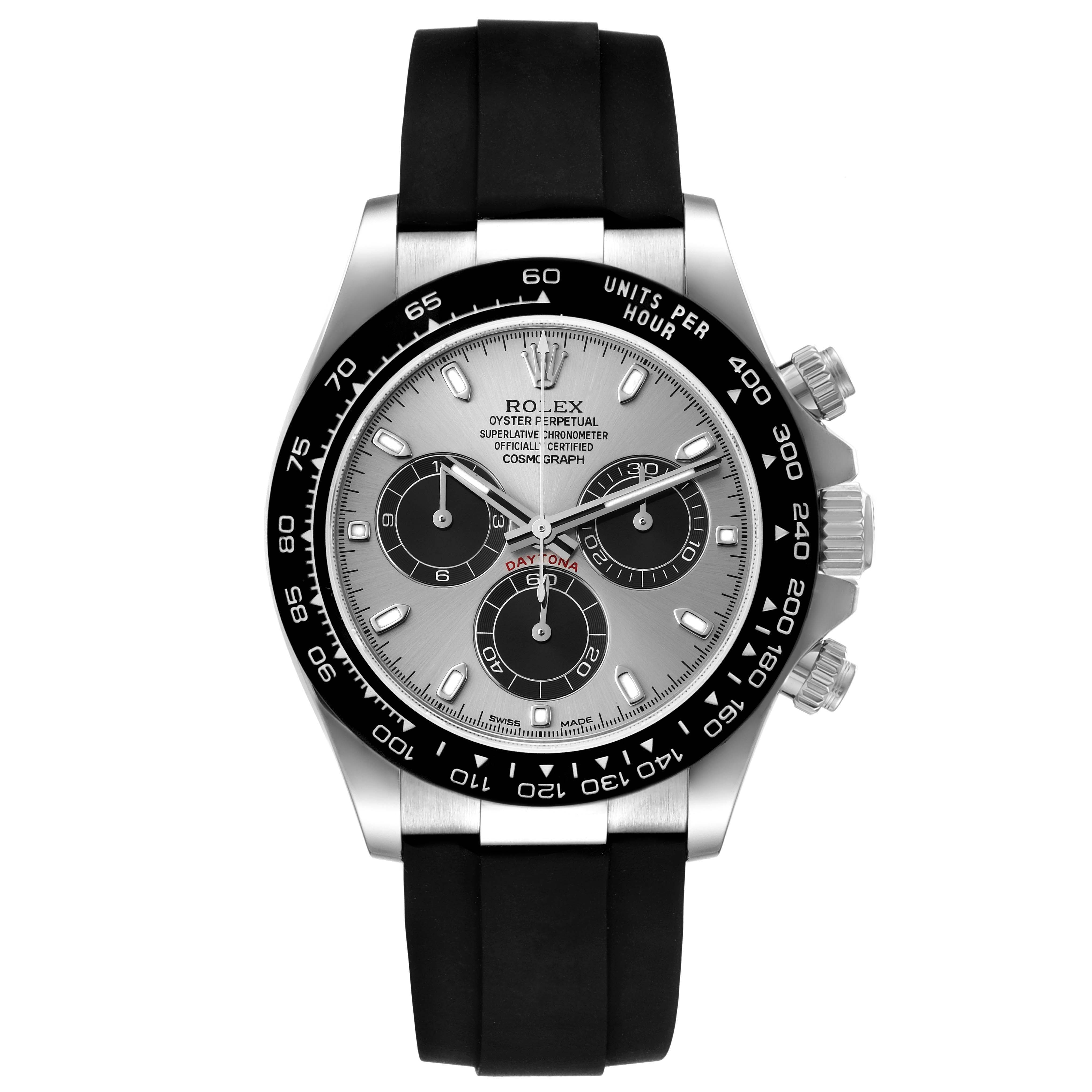 The image shows a front view of a Rolex Daytona 116519 Men's White Gold Grey Dial 116519 Men's White Gold Grey Dial watch with a silver dial, black bezel, and black rubber strap.