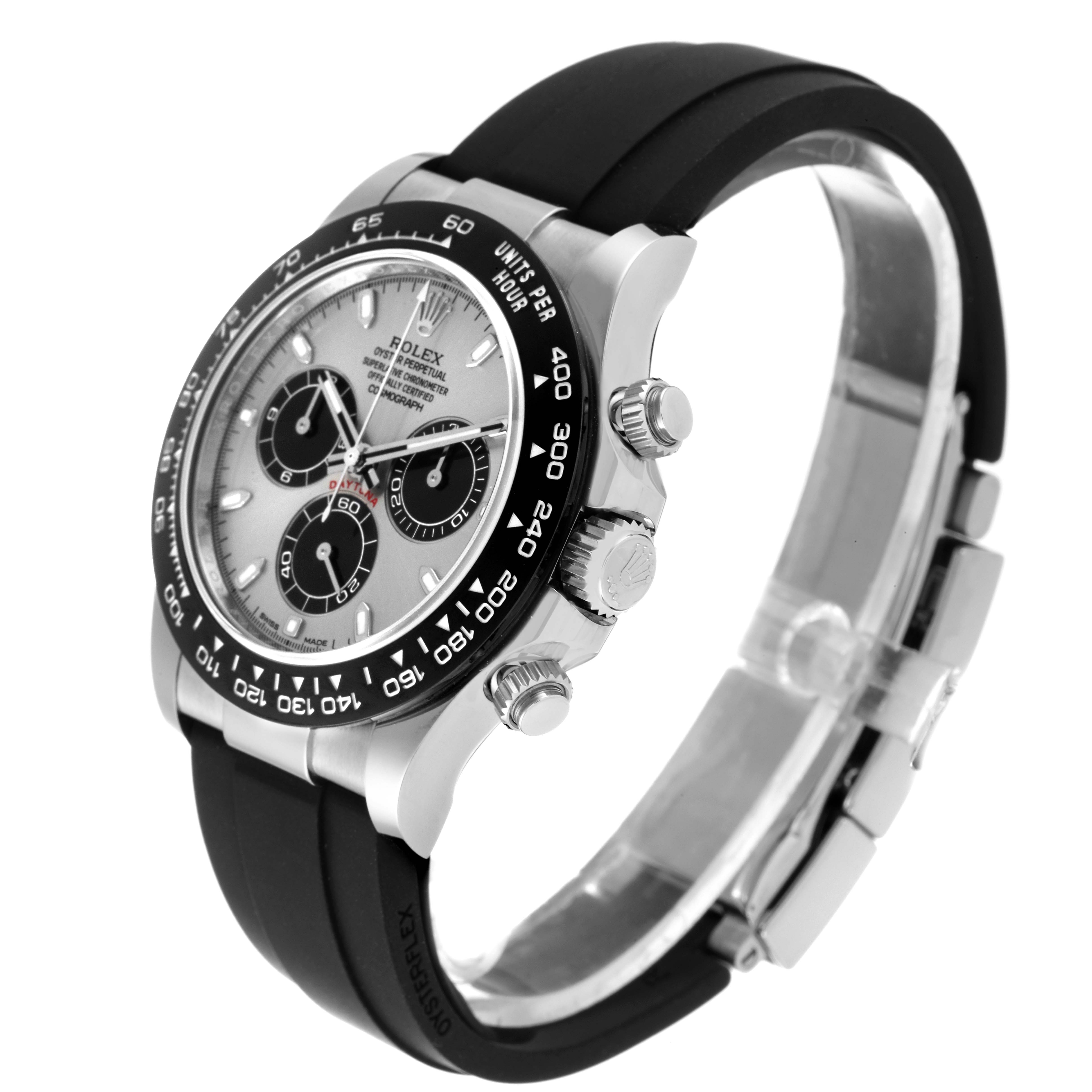 This image shows a Rolex Daytona 116519 Men's White Gold Grey Dial 116519 Men's White Gold Grey Dial watch in a three-quarter side view, highlighting the dial, bezel, crown, and bracelet.