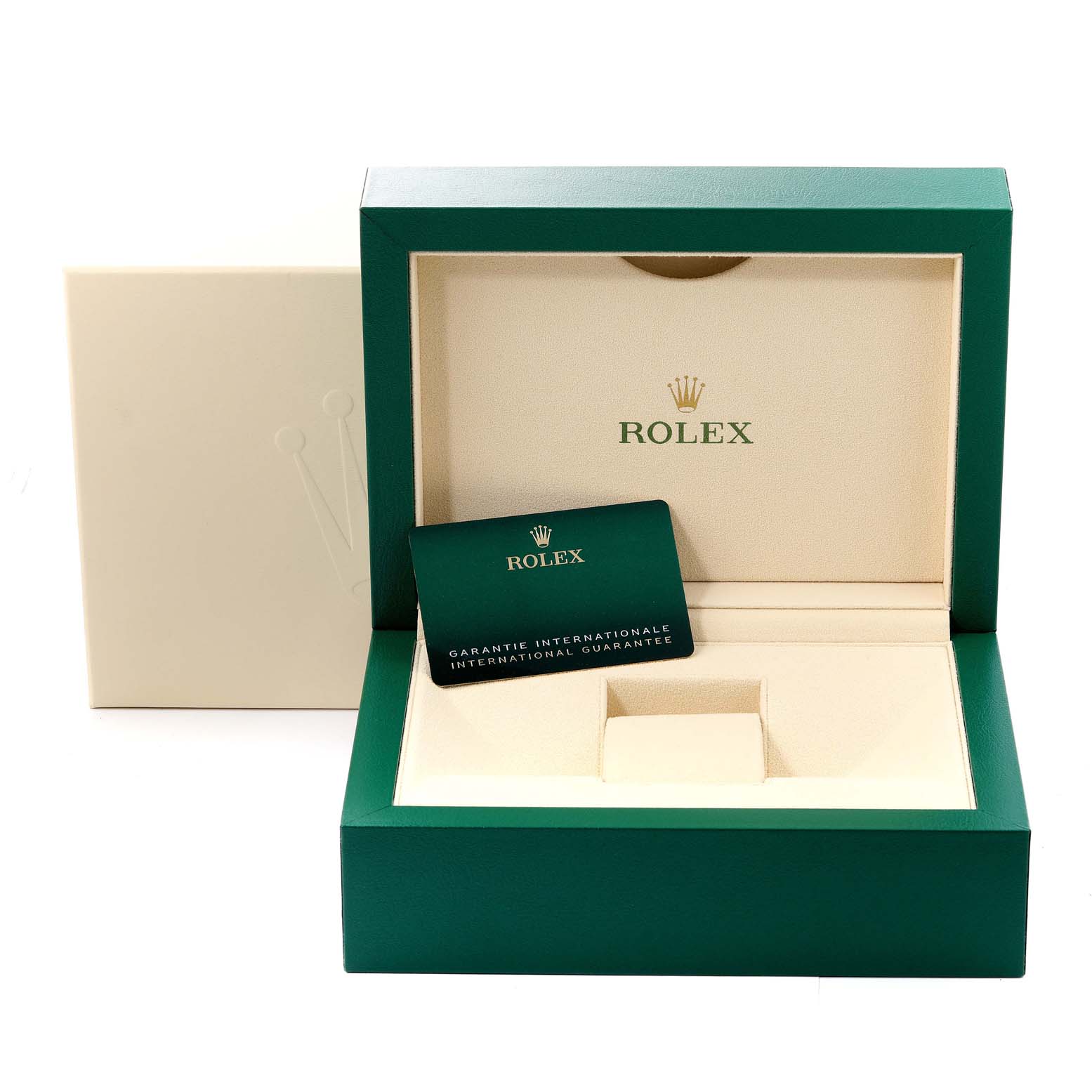 The image shows an open Rolex Daytona 116519 Men's White Gold Grey Dial 116519 Men's White Gold Grey Dial watch box and an international guarantee card.