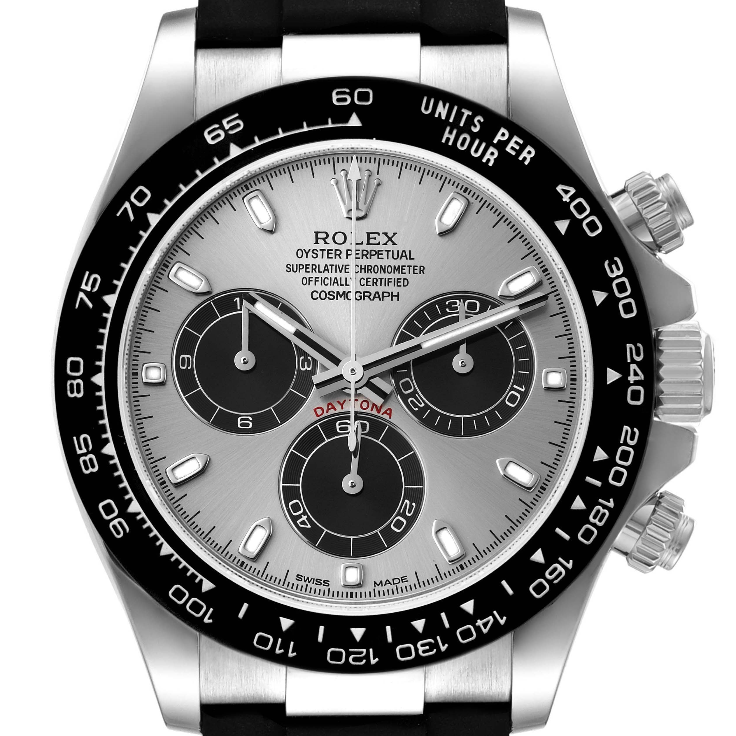 This image shows a close-up, front-facing angle of a Rolex Daytona 116519 Men's White Gold Grey Dial 116519 Men's White Gold Grey Dial watch, highlighting the dial, sub-dials, and bezel.