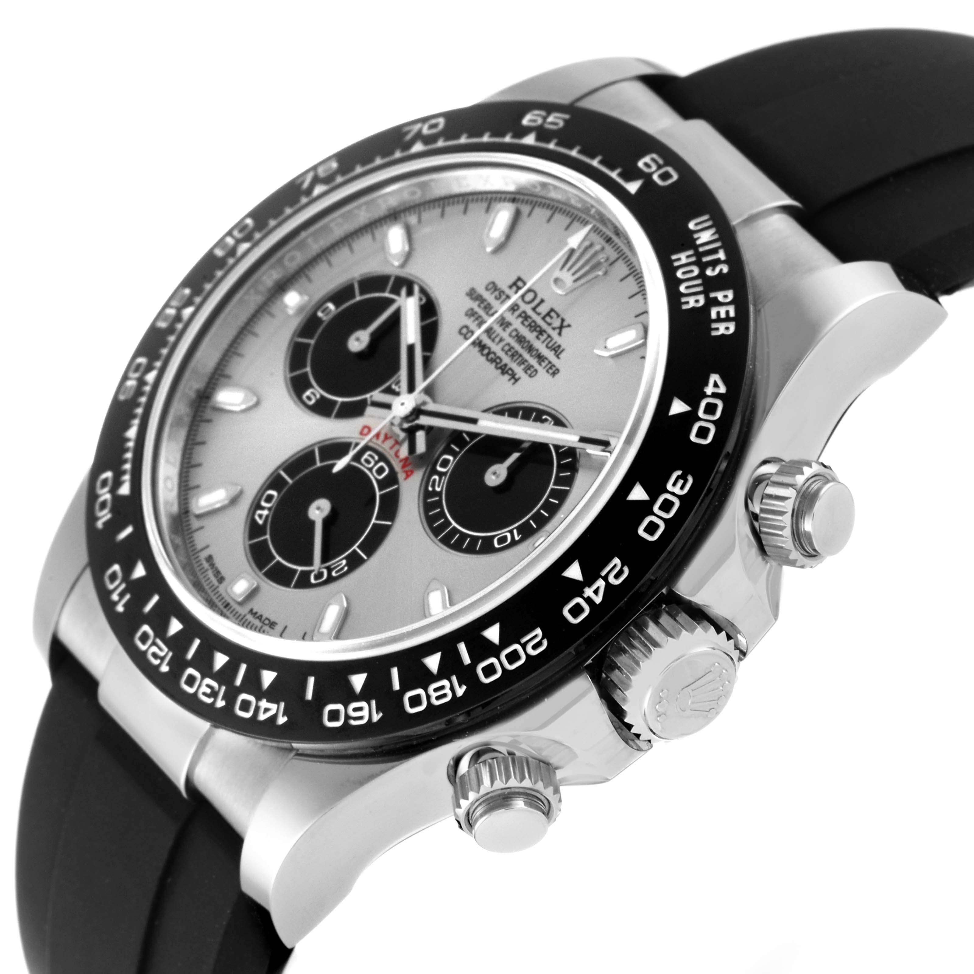 The image shows a close-up angled view of a Rolex Daytona 116519 Men's White Gold Grey Dial 116519 Men's White Gold Grey Dial watch, highlighting the bezel, crown, and chronograph sub-dials.