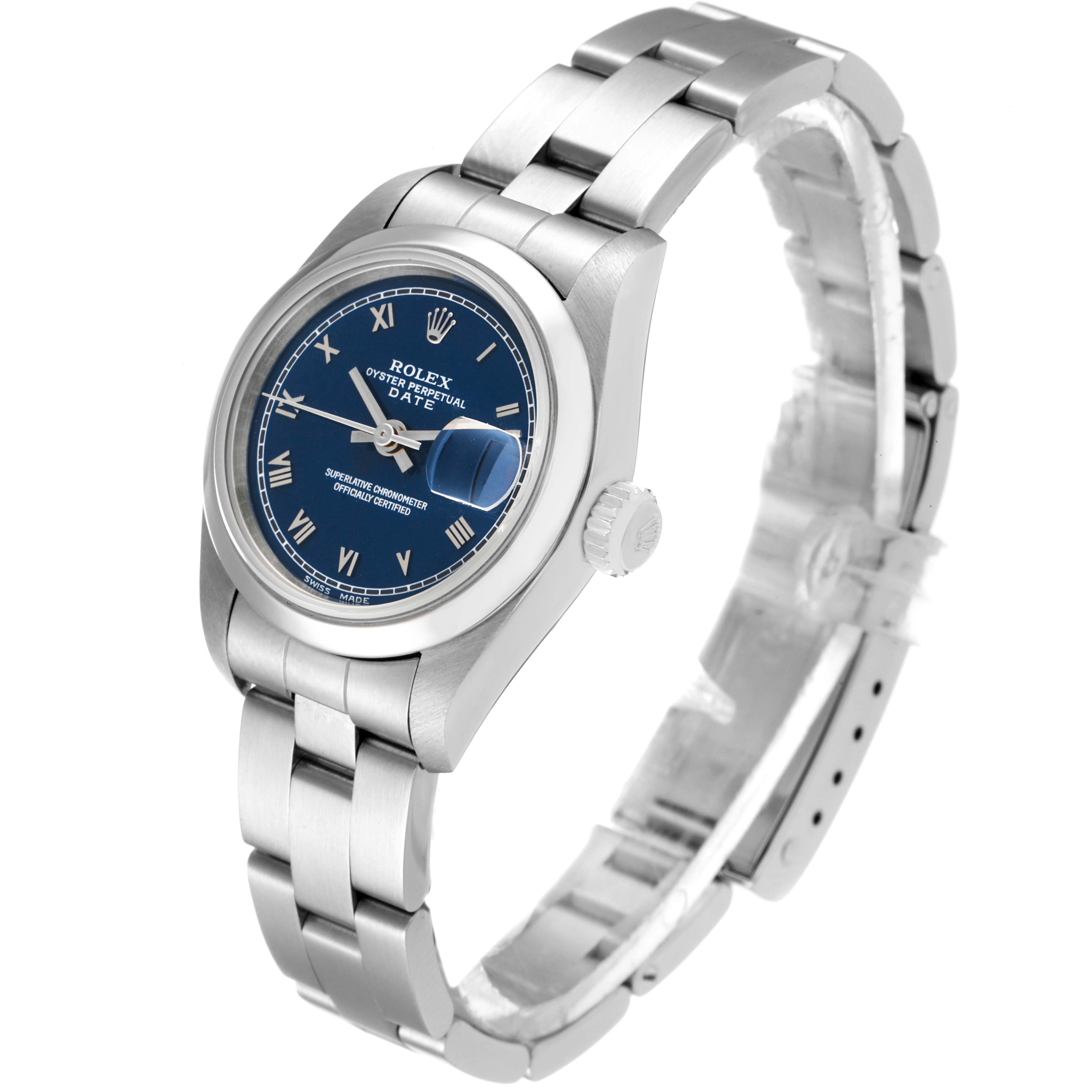 The image shows a Rolex Date 69160 Women's Stainless Steel Blue Dial 69160 Women's Stainless Steel Blue Dial model from an angled side perspective, highlighting its blue dial and stainless steel bracelet.