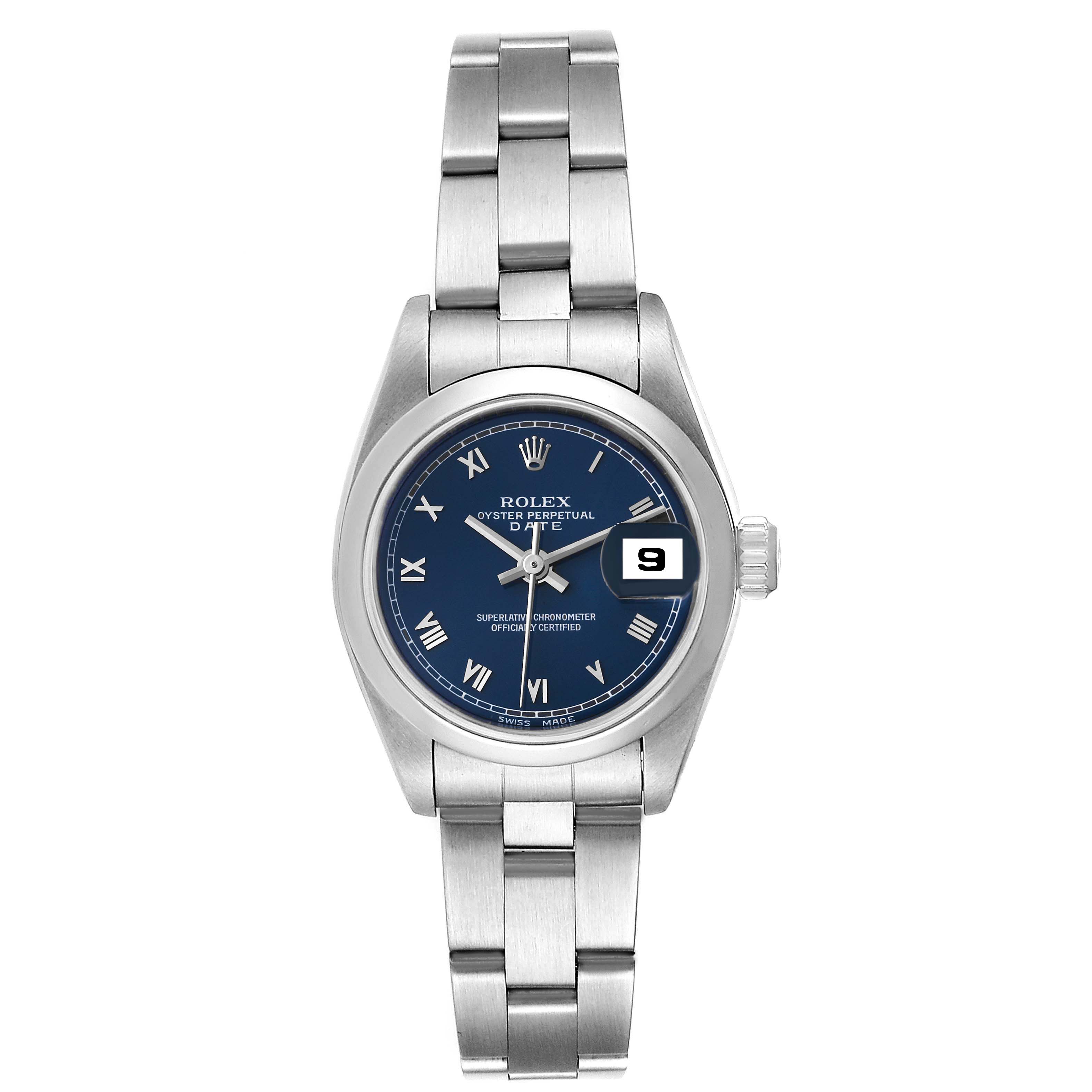 The image shows a front view of a Rolex Oyster Perpetual Date watch with a stainless steel bracelet and a blue dial.