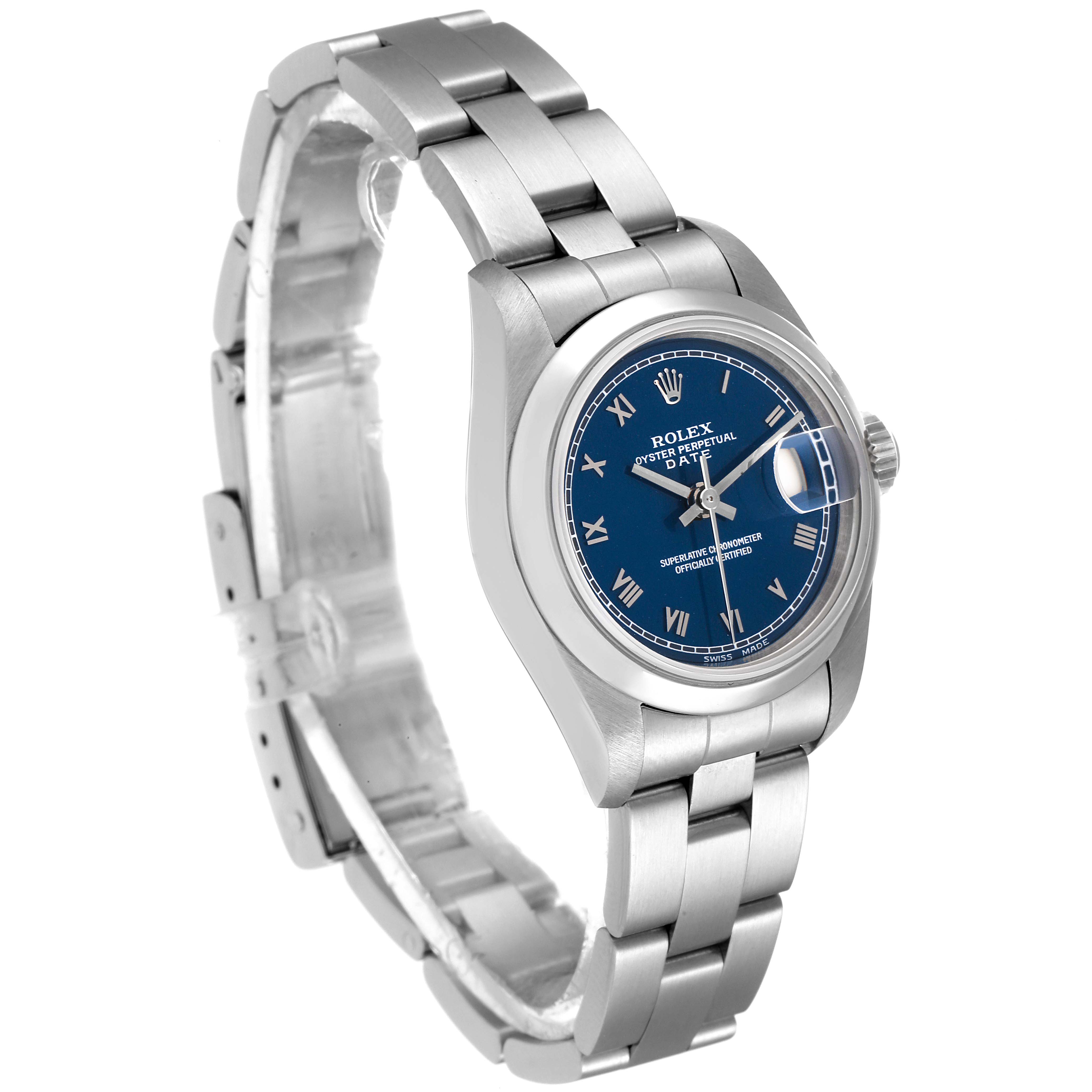 The image shows a Rolex Date 69160 Women's Stainless Steel Blue Dial 69160 Women's Stainless Steel Blue Dial model watch angled to display the face, bracelet, and part of the clasp.