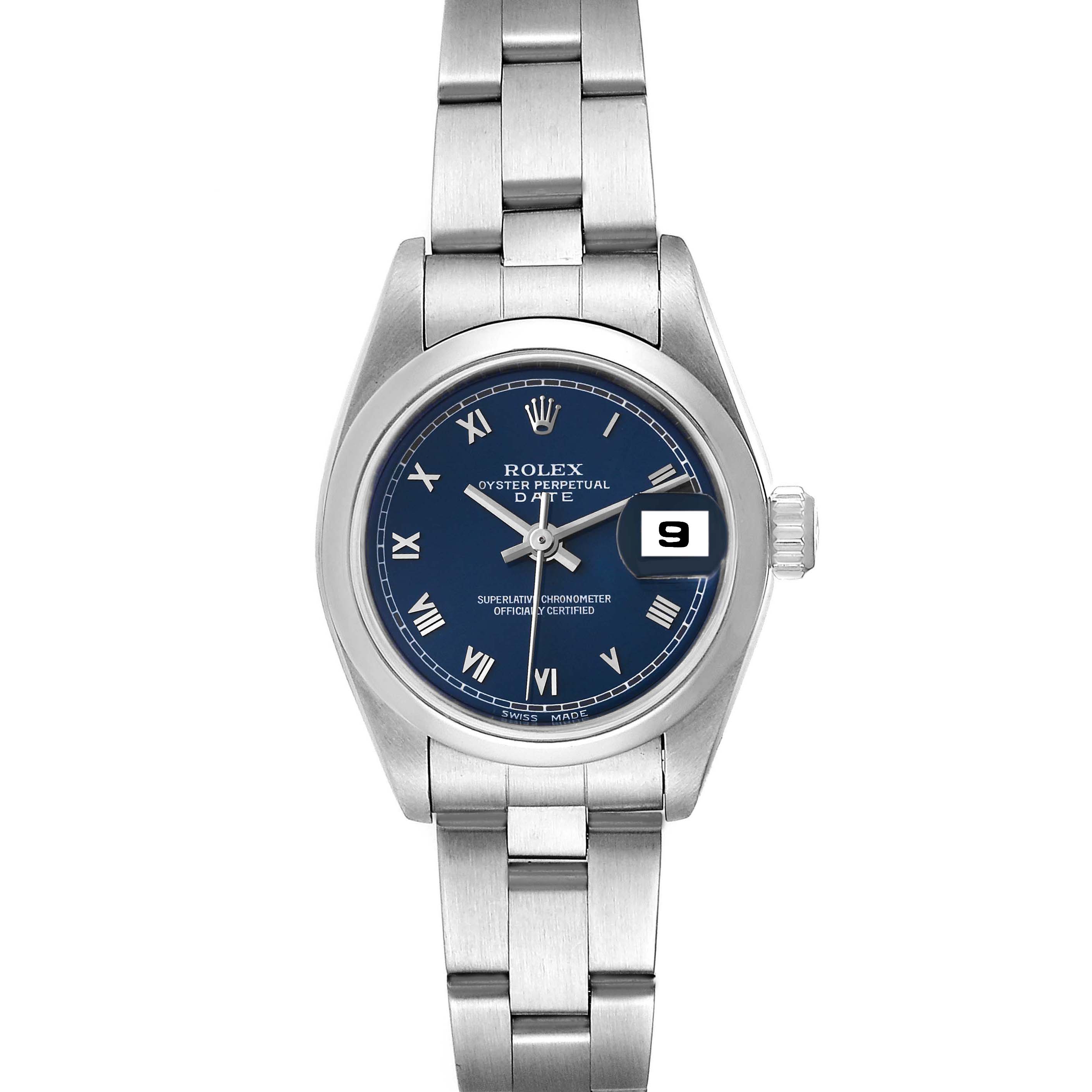 This image shows the front view of a Rolex Date 69160 Women's Stainless Steel Blue Dial 69160 Women's Stainless Steel Blue Dial model watch, displaying its blue dial, Roman numerals, date window, and bracelet.