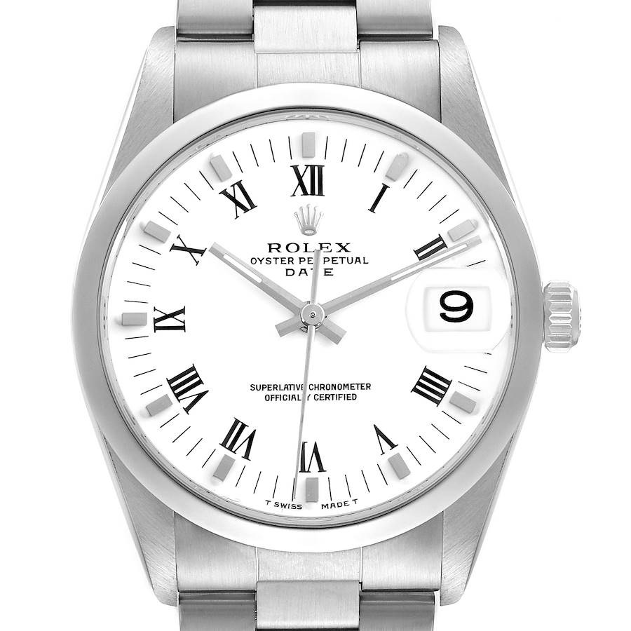 The image shows a front view of the Rolex Date model, highlighting the watch face, bezel, and part of the bracelet.