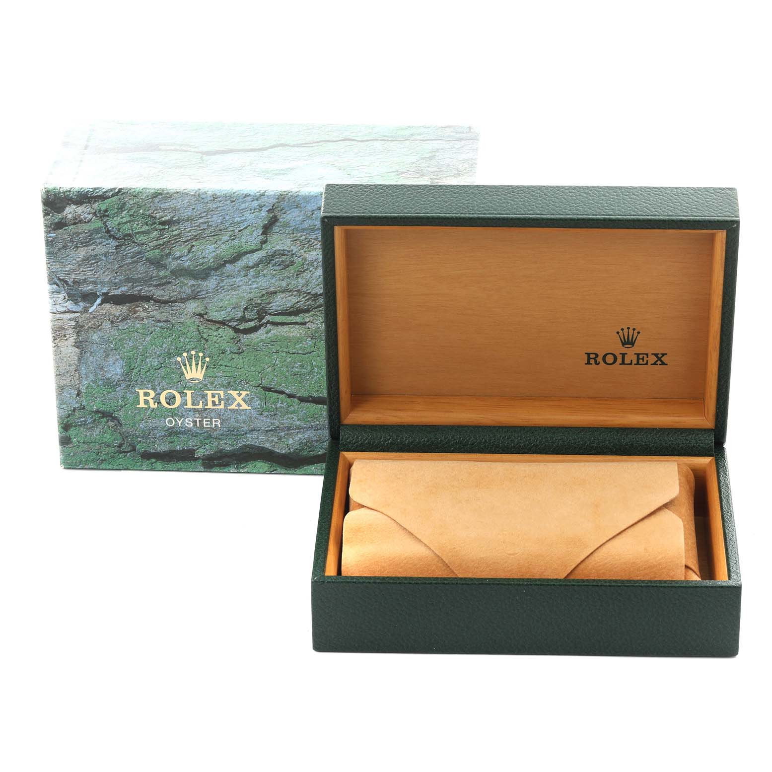 This image shows the packaging and box of a Rolex Date 15200 Men's Stainless Steel White Dial 15200 Men's Stainless Steel White Dial watch, featuring an open and closed view.