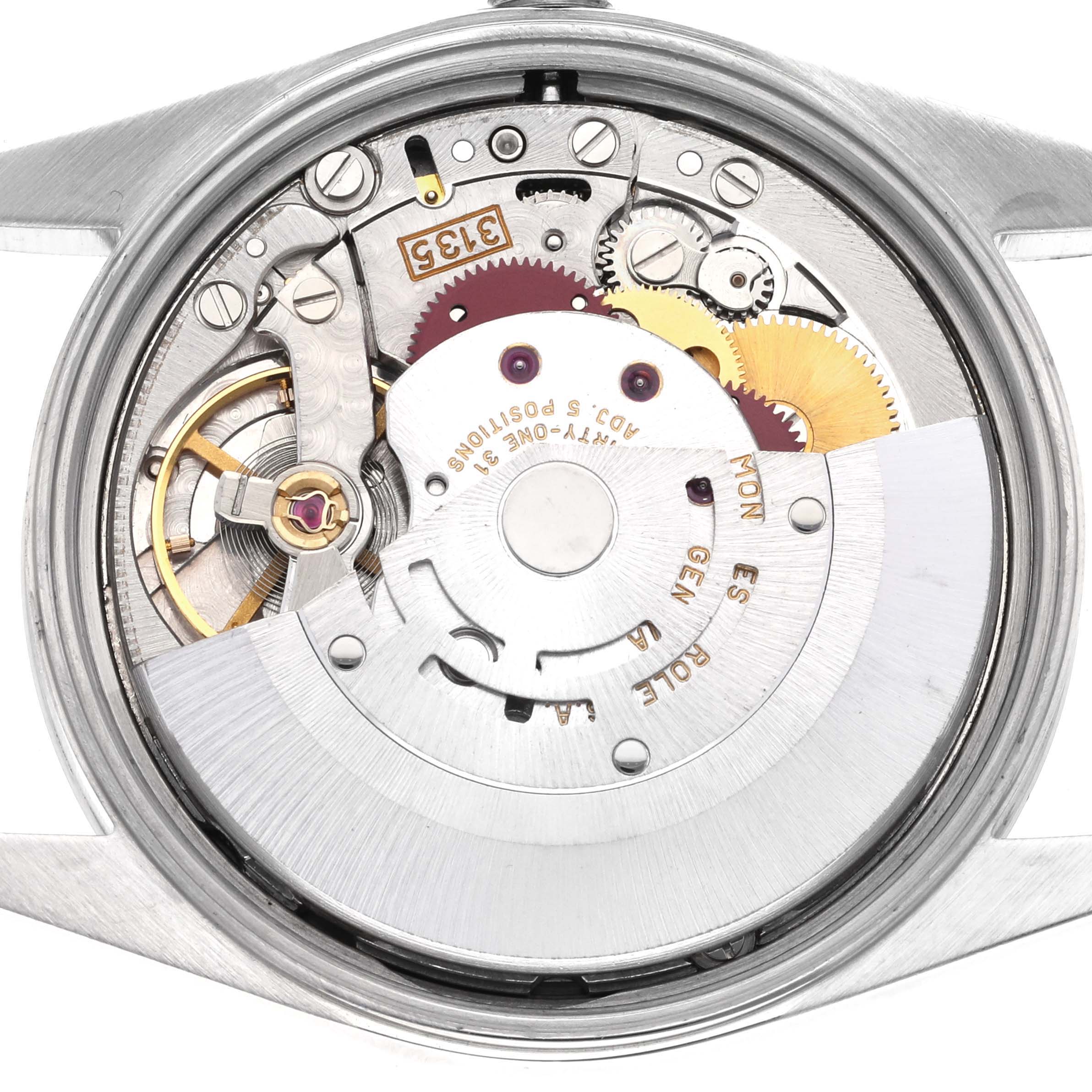 The image shows the movement assembly of a Rolex Date 15200 Men's Stainless Steel White Dial 15200 Men's Stainless Steel White Dial model from the back, highlighting the rotor and gears.