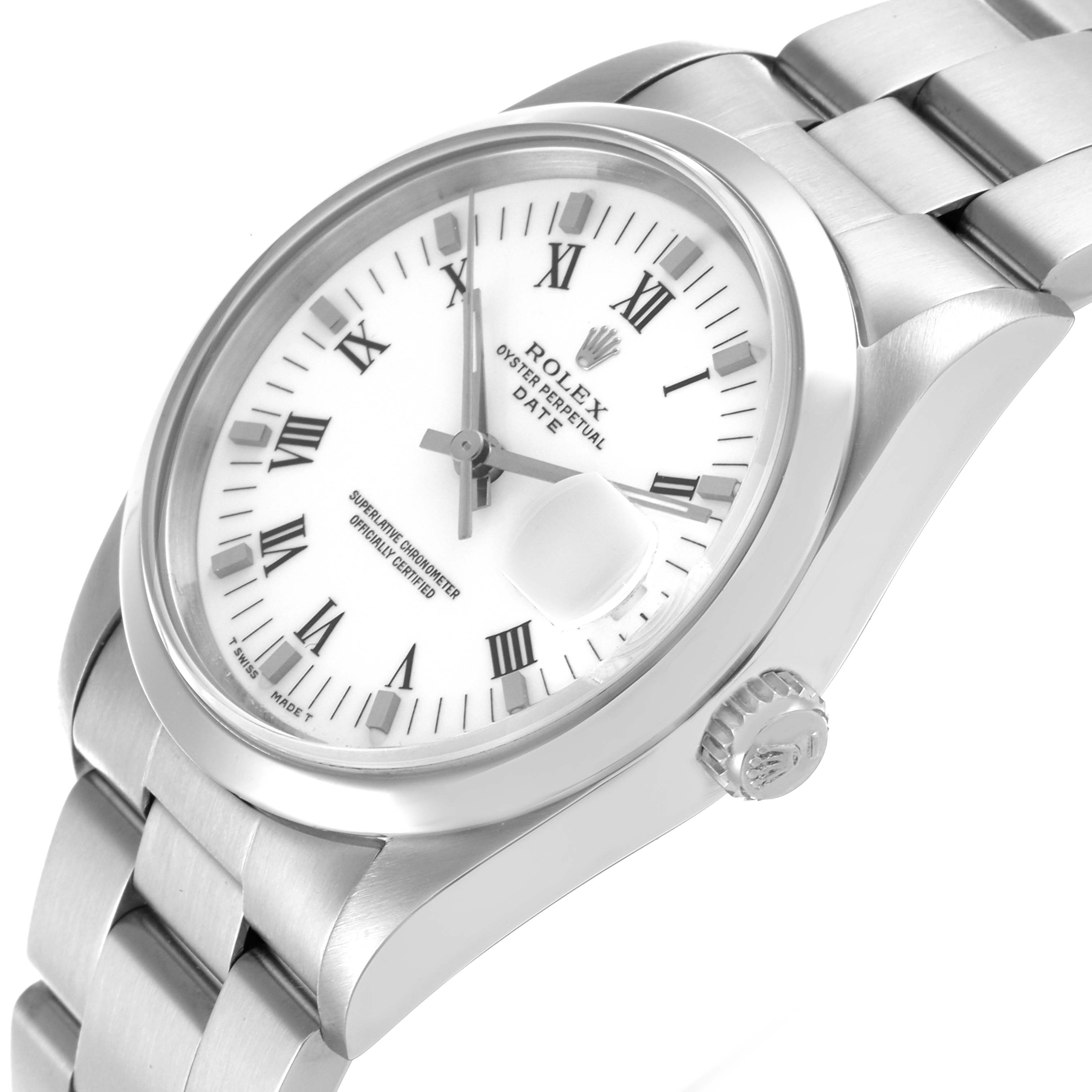 The Rolex Date 15200 Men's Stainless Steel White Dial 15200 Men's Stainless Steel White Dial watch is shown at a slight angle, displaying the case, dial with Roman numerals, and part of the bracelet.
