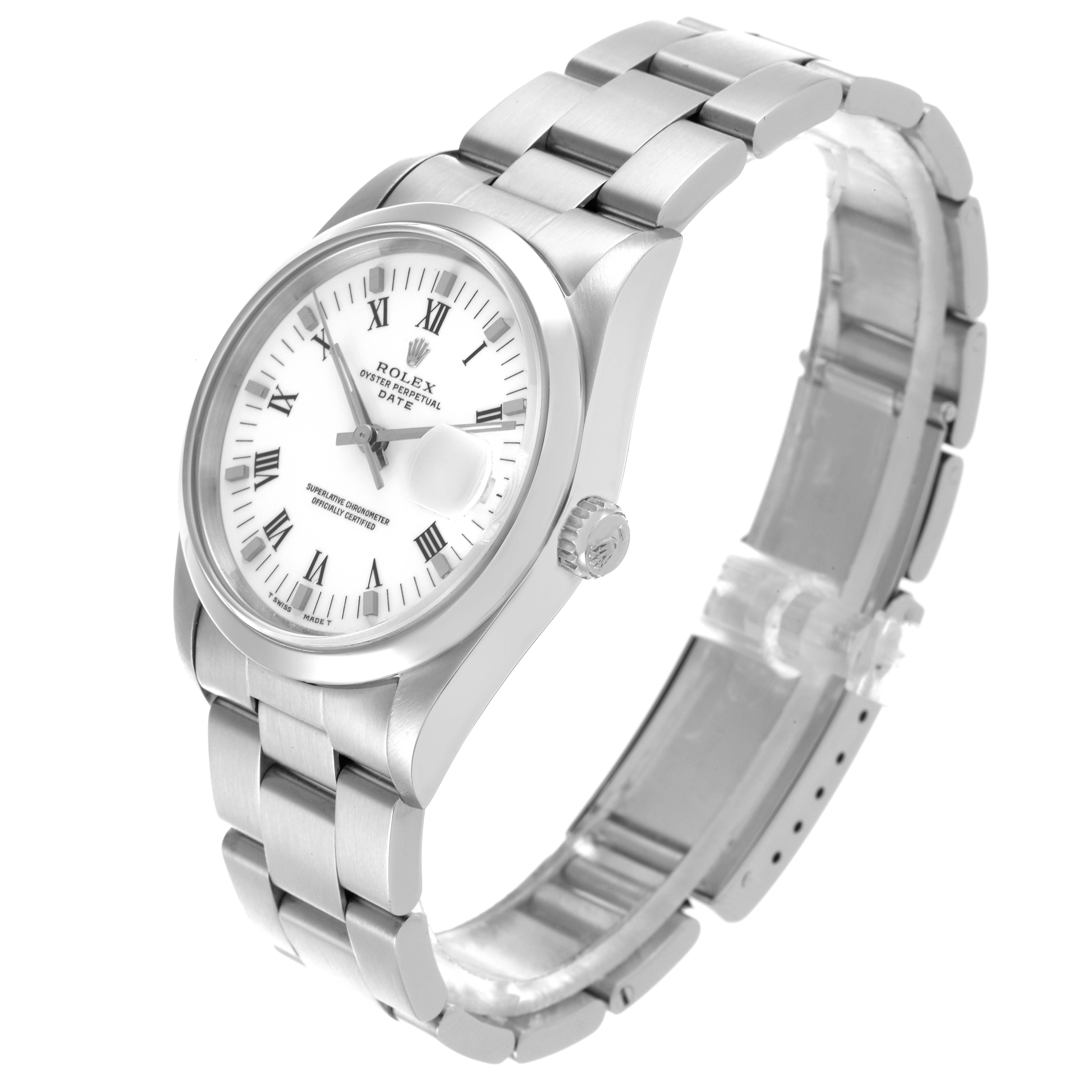 The Rolex Date 15200 Men's Stainless Steel White Dial 15200 Men's Stainless Steel White Dial model is shown at a three-quarter angle, highlighting its dial, bezel, bracelet, and crown.