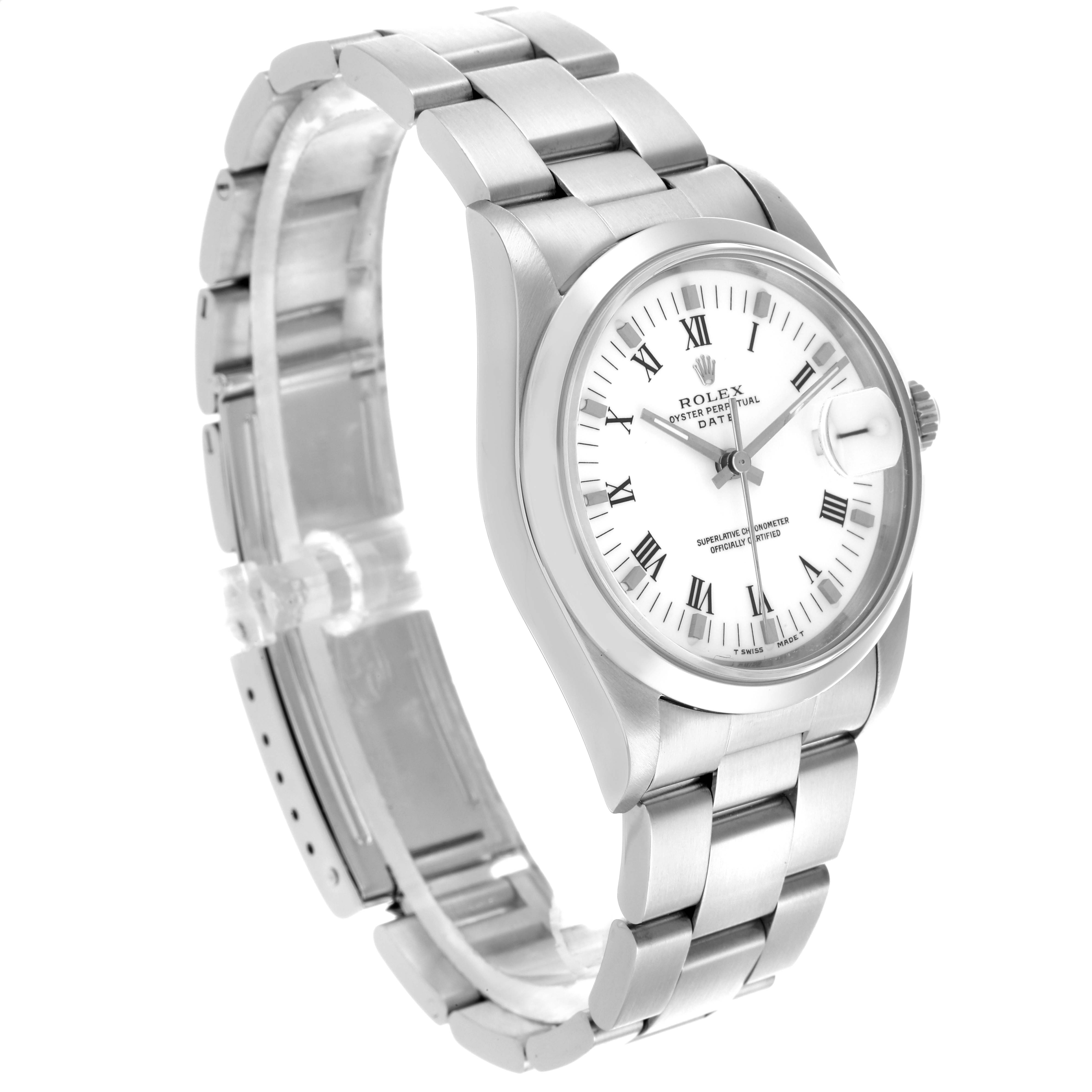 The Rolex Date 15200 Men's Stainless Steel White Dial 15200 Men's Stainless Steel White Dial watch is shown at a three-quarter angle, displaying the face, bezel, bracelet, and side profile.