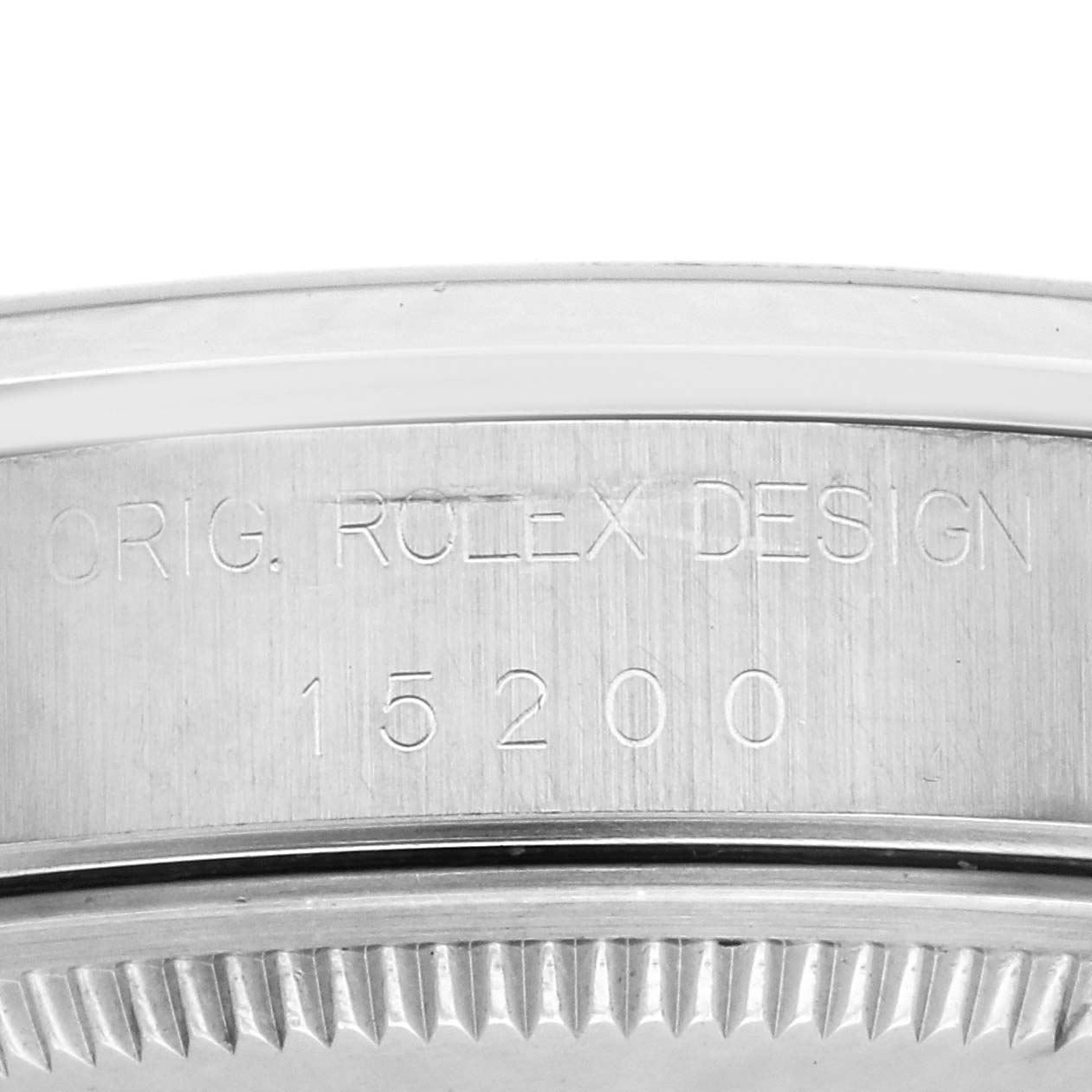 The image shows the side engraving on the case of a Rolex Date 15200 Men's Stainless Steel White Dial 15200 Men's Stainless Steel White Dial model, featuring its design number "15200."