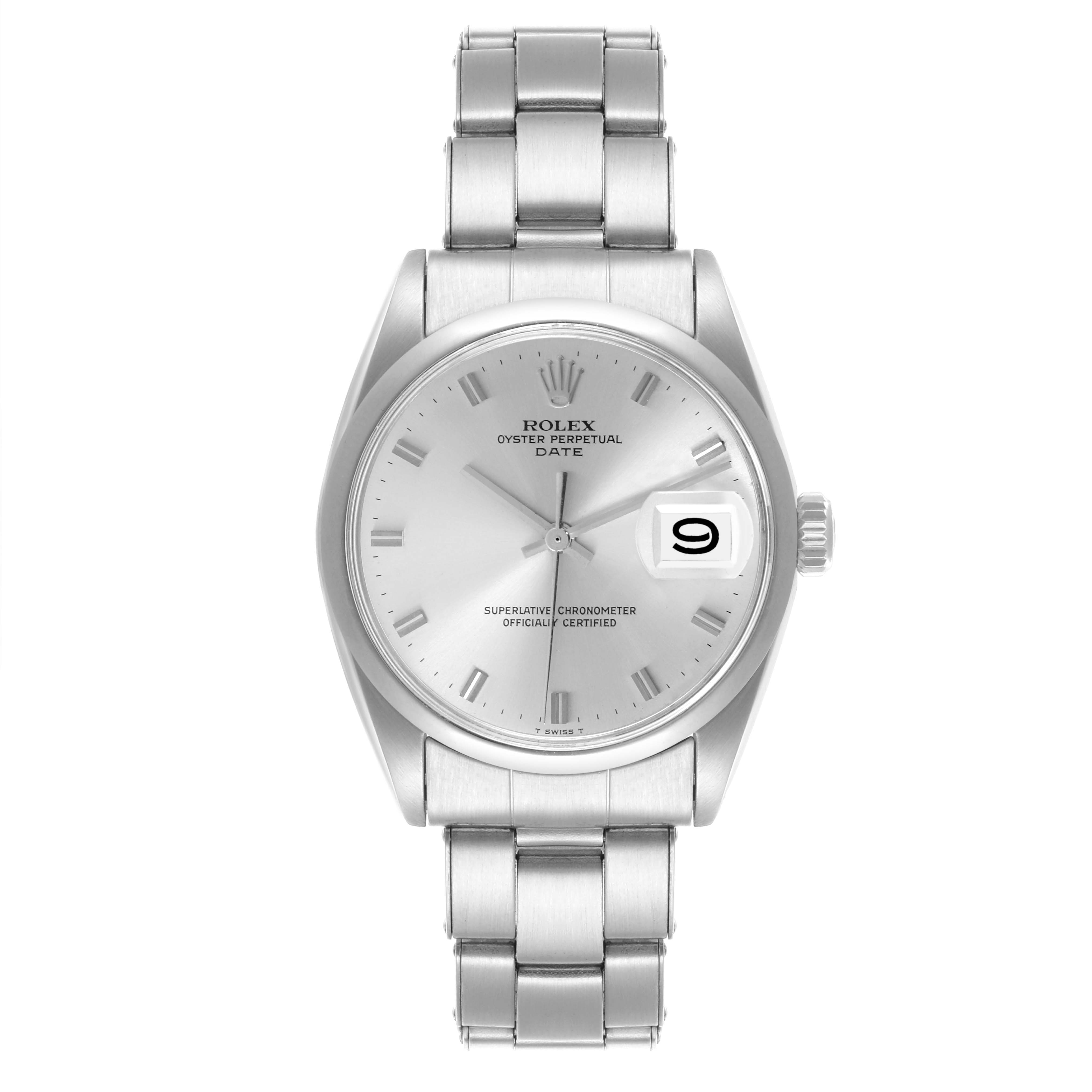 The Rolex Vintage Collection 1500 Men's Stainless Steel Silver Dial 1500 Men's Stainless Steel Silver Dial watch is shown from the front, displaying the dial, hands, bracelet, and date magnifier.