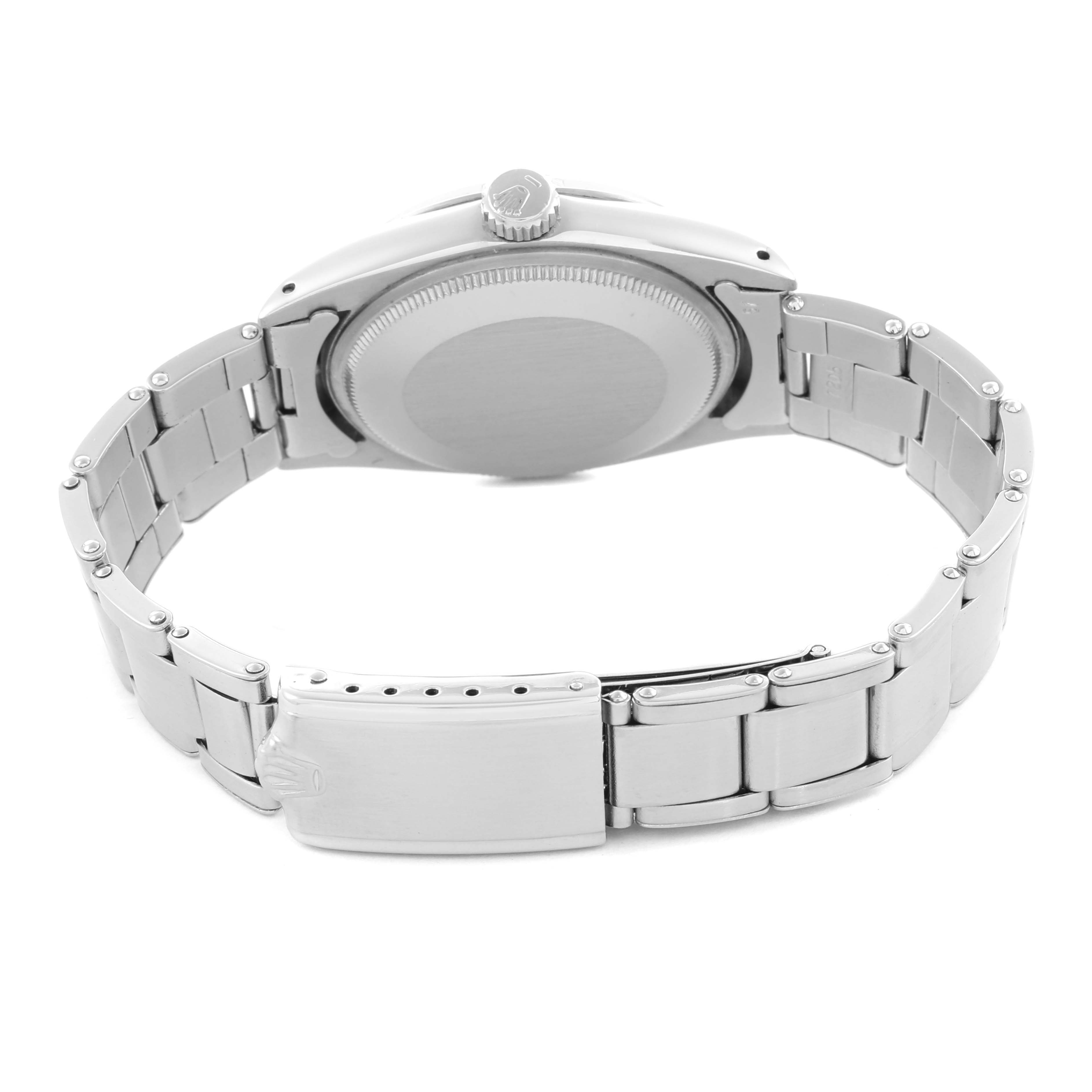 The Rolex Vintage Collection 1500 Men's Stainless Steel Silver Dial 1500 Men's Stainless Steel Silver Dial watch is shown from the back, displaying the case, crown, and bracelet.