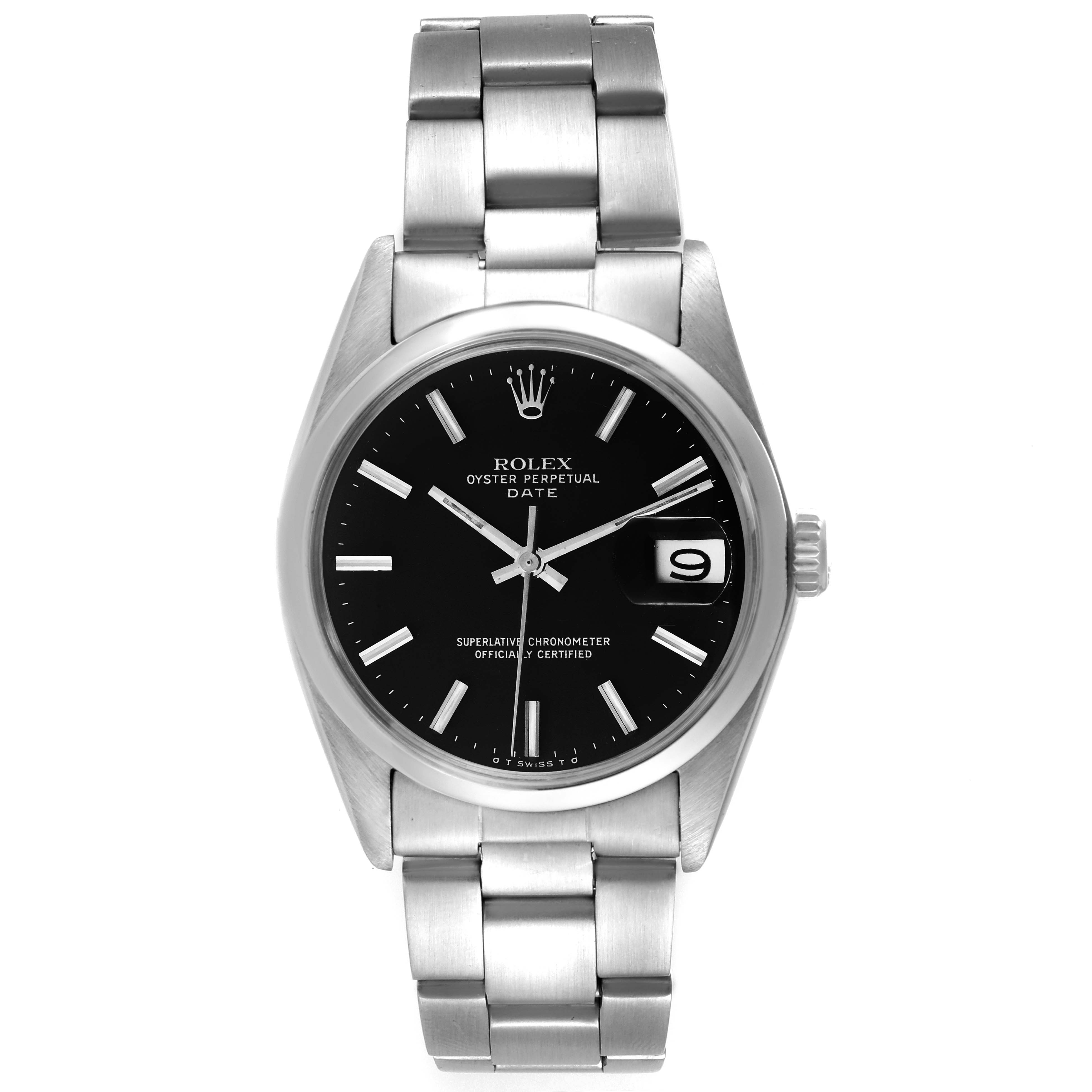 This is a front view of a Rolex Date 1500 Men
s Stainless Steel Black Dial 1500 Men
s Stainless Steel Black Dial model watch, showing its face, bezel, and metal bracelet.