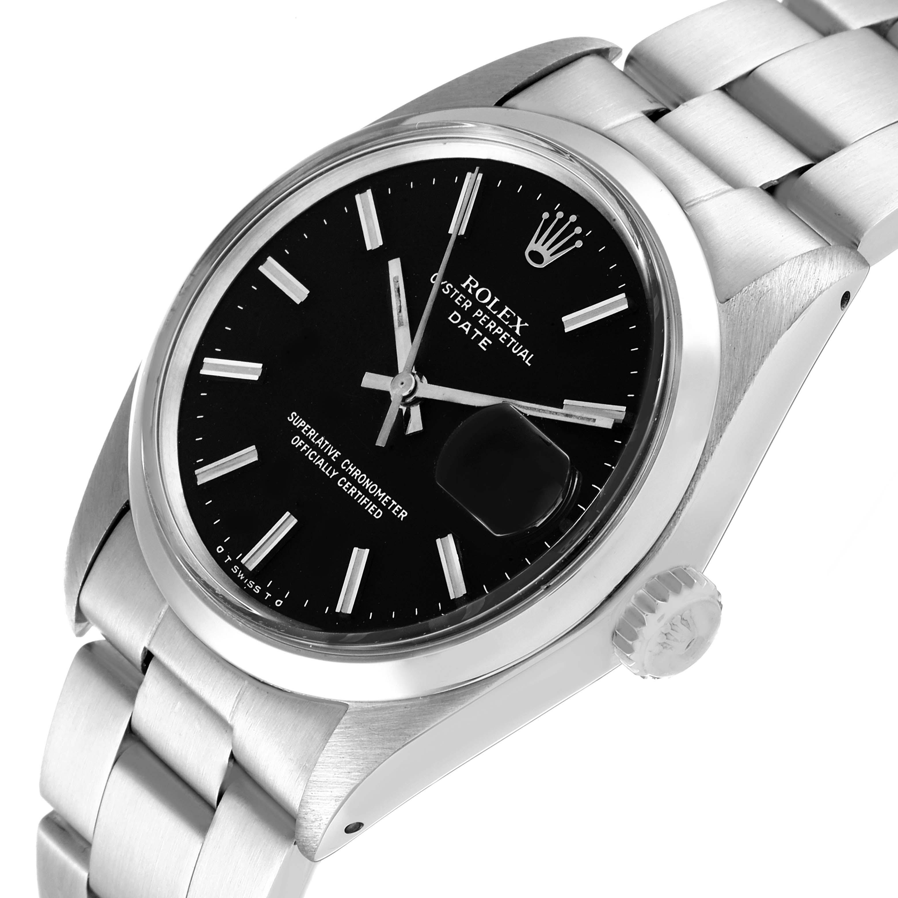 The Rolex Date 1500 Men
s Stainless Steel Black Dial 1500 Men
s Stainless Steel Black Dial model watch is shown from an angle highlighting the dial, bezel, crown, and part of the bracelet.
