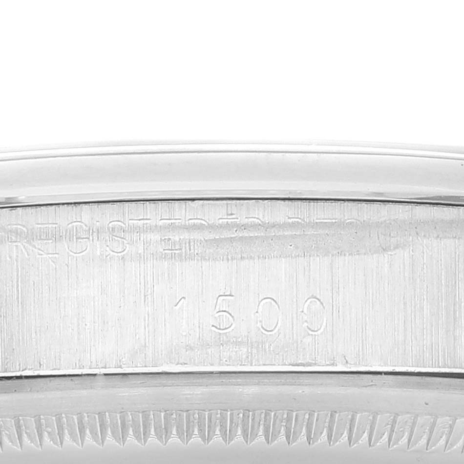 Close-up of the engraved side and bezel of a Rolex Date 1500 Men
s Stainless Steel Black Dial 1500 Men
s Stainless Steel Black Dial model watch, showing the reference number 1500.