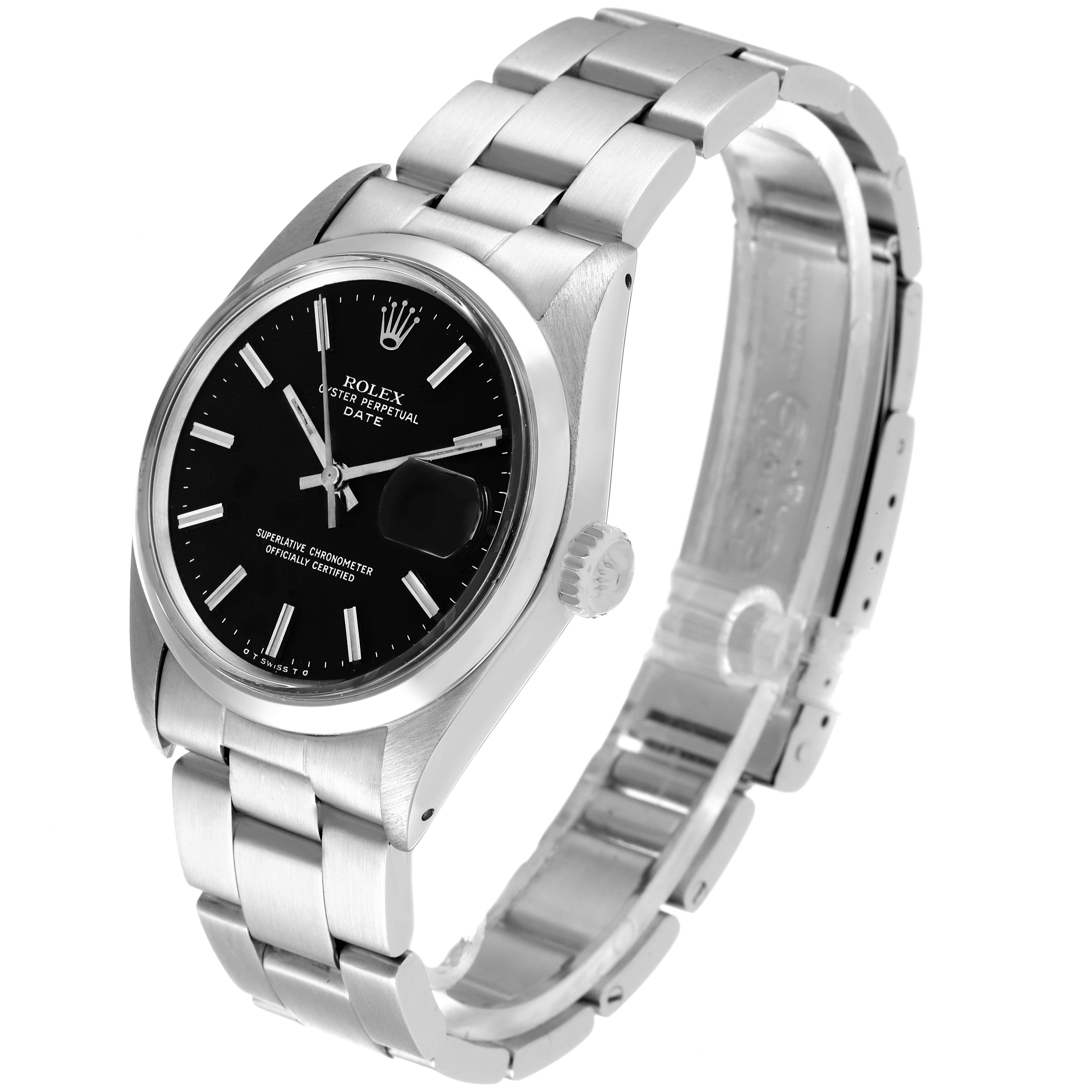 The Rolex Date 1500 Men
s Stainless Steel Black Dial 1500 Men
s Stainless Steel Black Dial model watch is shown from a tilted angle, highlighting the face, crown, and bracelet.