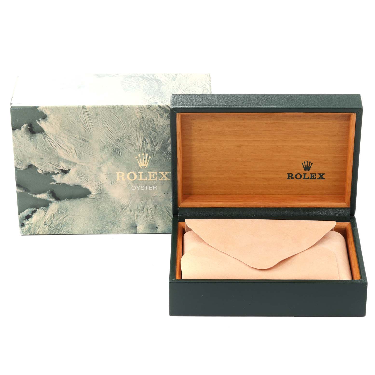 This image shows the packaging box and open wooden case of a Rolex Date 1500 Men
s Stainless Steel Black Dial 1500 Men
s Stainless Steel Black Dial model watch.