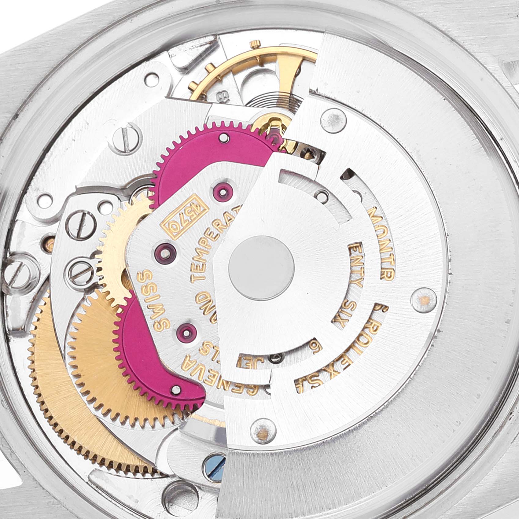 The image shows a close-up of the inner mechanical components of a Rolex Date 1500 Men
s Stainless Steel Black Dial 1500 Men
s Stainless Steel Black Dial model watch.