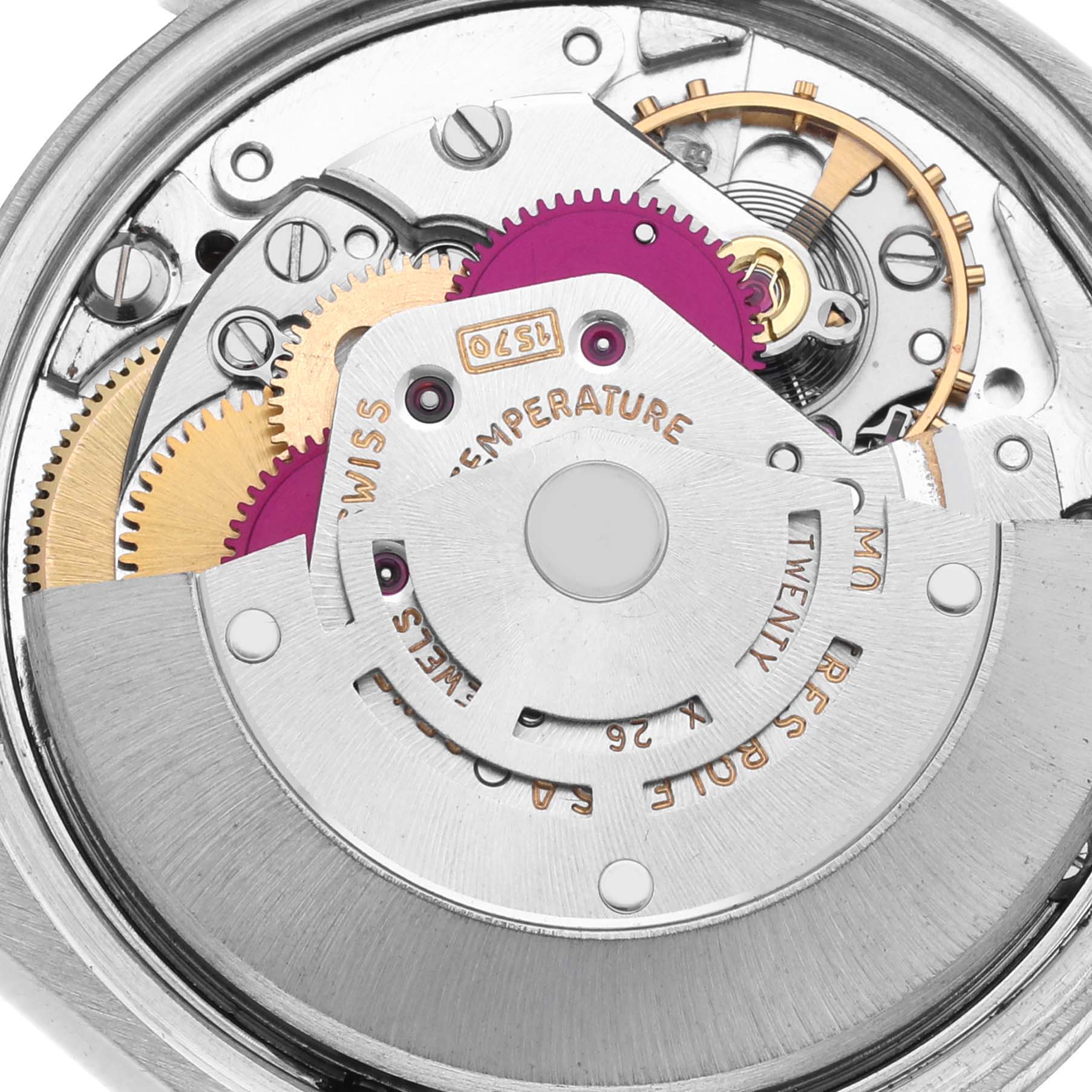 The image shows the internal mechanics of the Rolex Vintage Collection 15000 Men's Stainless Steel Silver Dial 15000 Men's Stainless Steel Silver Dial watch from a top-down angle, highlighting gears and rotors.