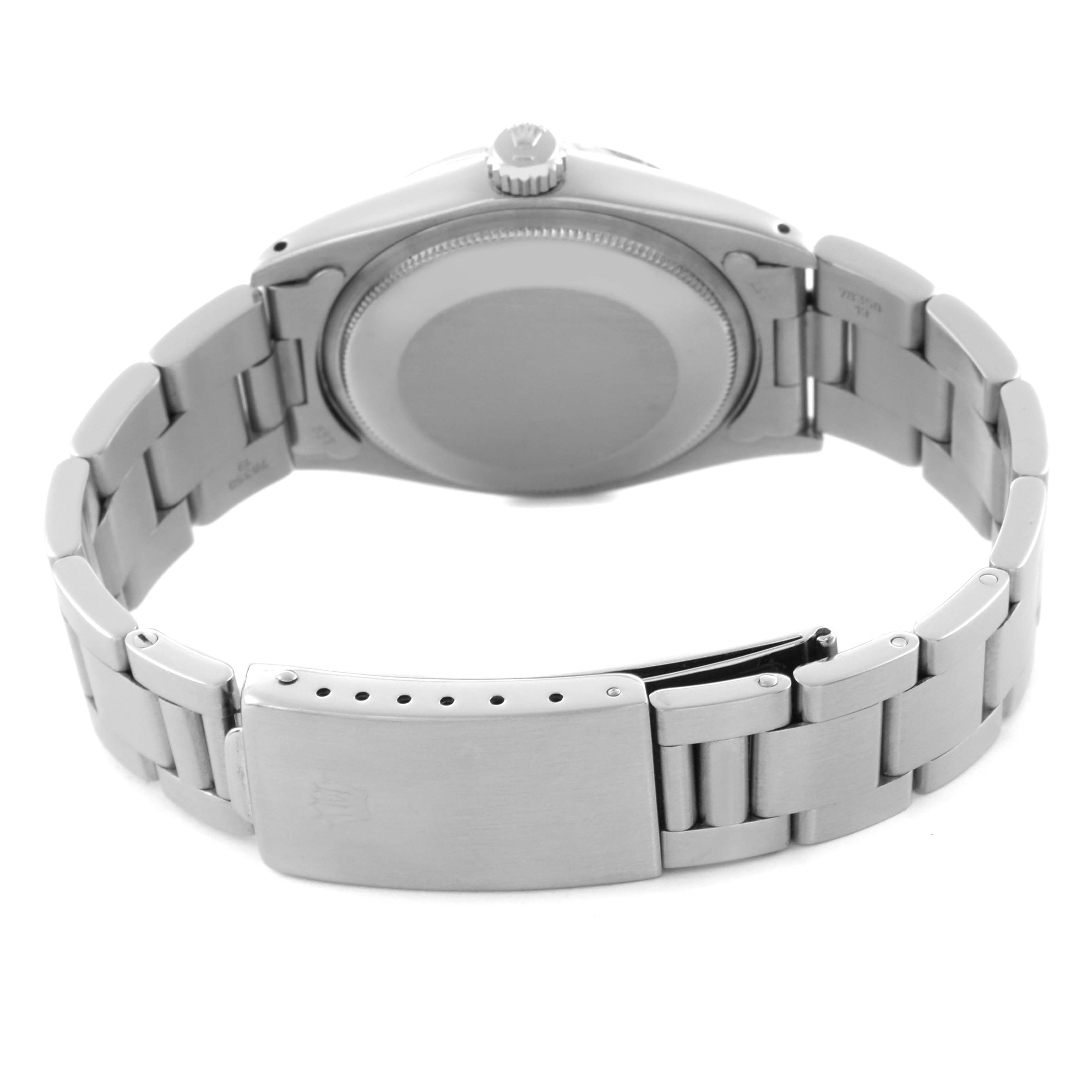 The image shows the back and clasp of a Rolex Vintage Collection 15000 Men's Stainless Steel Silver Dial 15000 Men's Stainless Steel Silver Dial watch, highlighting its stainless steel bracelet.