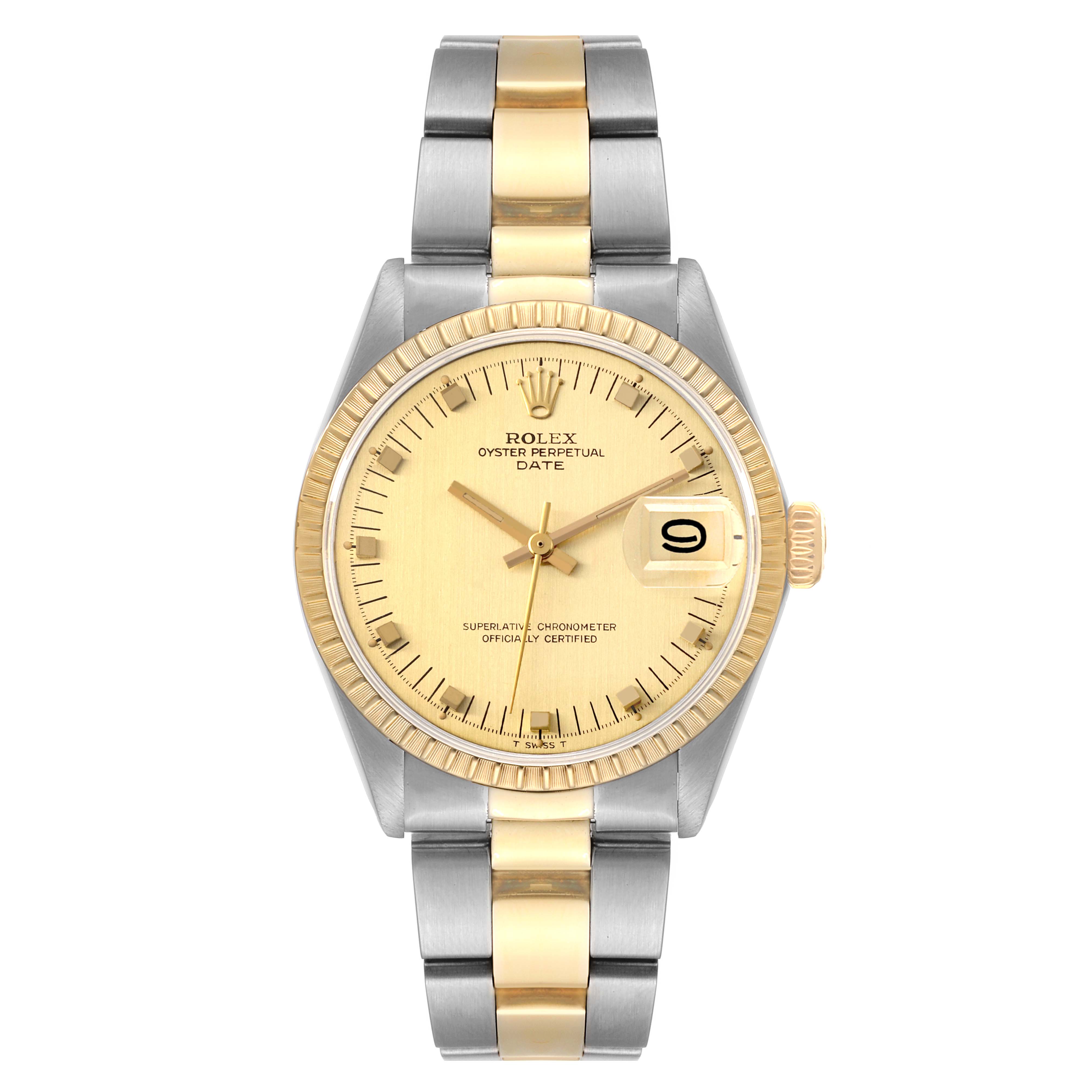 The image shows a front view of a Rolex Vintage Collection 1505 Men's Steel and Gold (two tone) Champagne Dial 1505 Men's Steel and Gold (two tone) Champagne Dial Oyster Perpetual Date with a two-tone gold and silver bracelet.