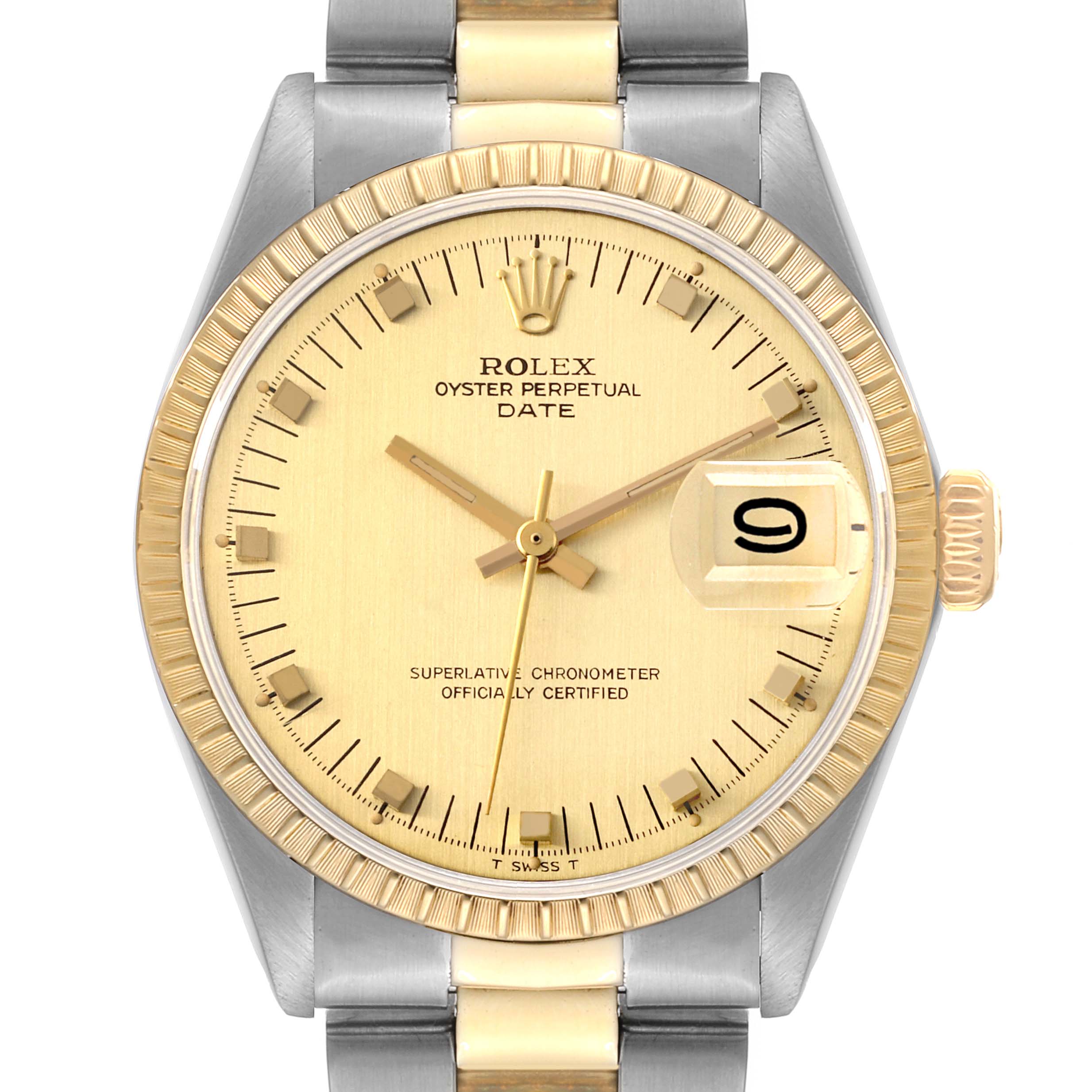 The image shows a Rolex Vintage Collection 1505 Men's Steel and Gold (two tone) Champagne Dial 1505 Men's Steel and Gold (two tone) Champagne Dial model watch from a front angle, highlighting the face, bezel, and bracelet.