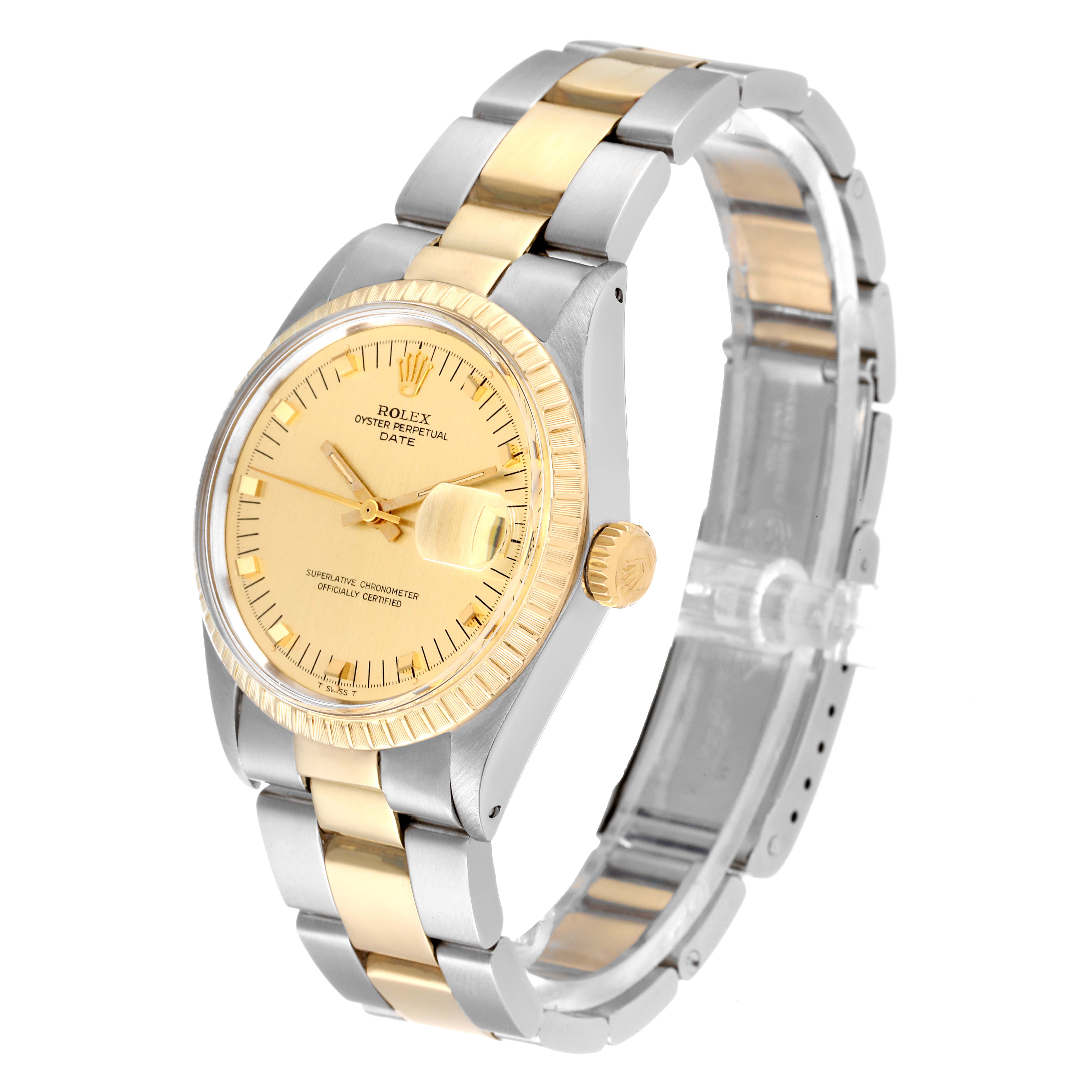 The image shows a Rolex Vintage Collection 1505 Men's Steel and Gold (two tone) Champagne Dial 1505 Men's Steel and Gold (two tone) Champagne Dial watch at a three-quarter angle, highlighting its dial, bezel, crown, and bracelet.