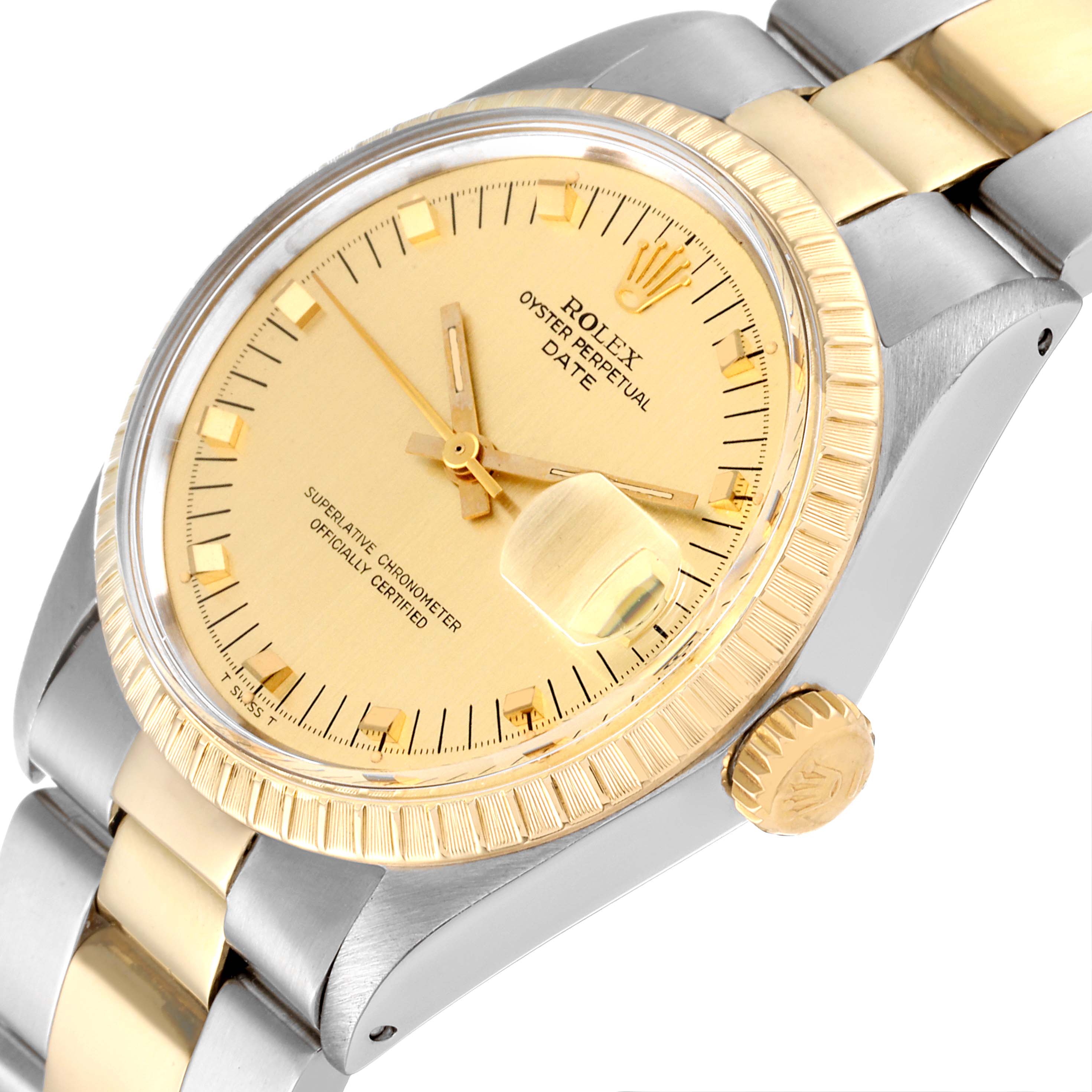 This image shows a top angled view of the Rolex Vintage Collection 1505 Men's Steel and Gold (two tone) Champagne Dial 1505 Men's Steel and Gold (two tone) Champagne Dial Oyster Perpetual Date watch, highlighting the dial, bezel, and crown.