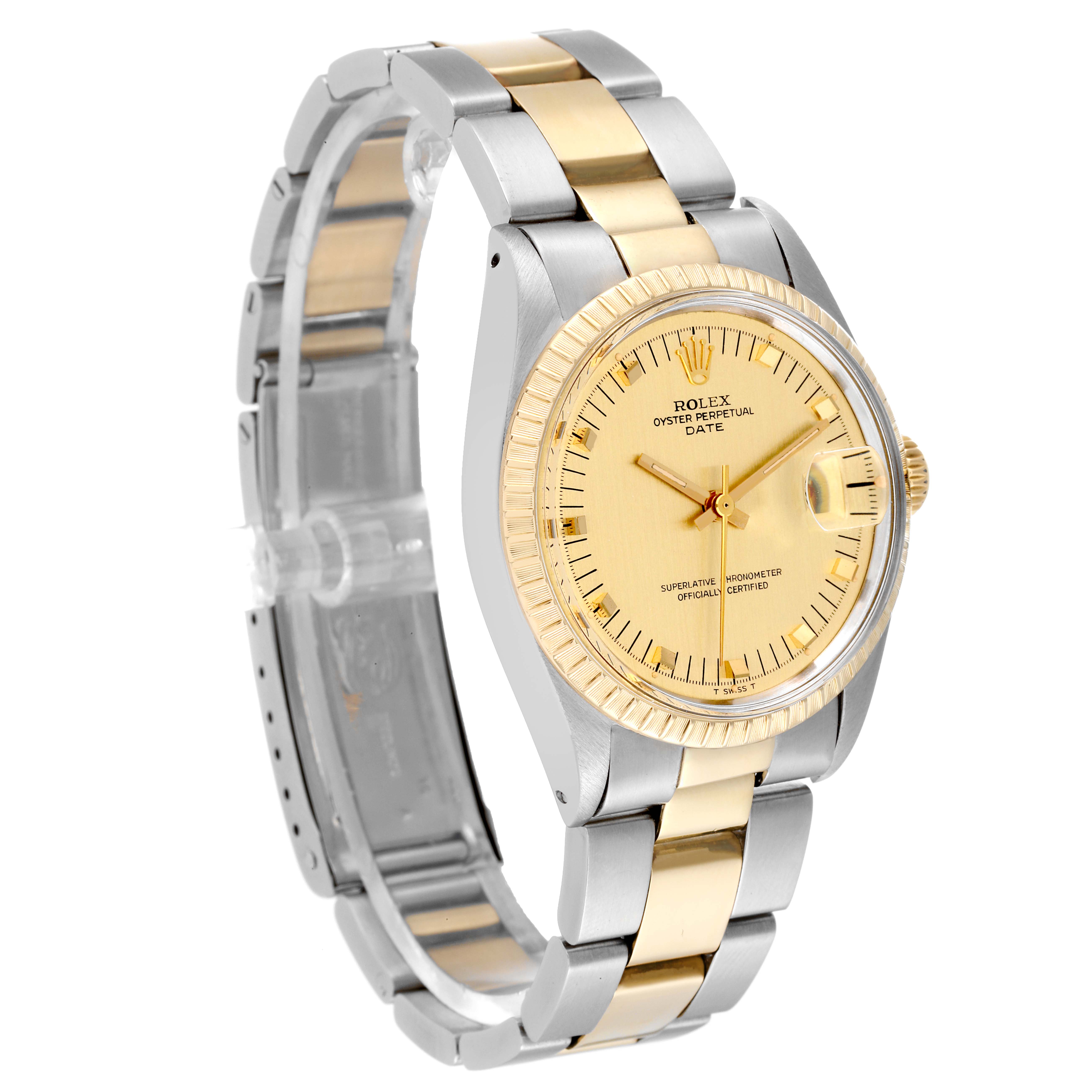 This Rolex Vintage Collection 1505 Men's Steel and Gold (two tone) Champagne Dial 1505 Men's Steel and Gold (two tone) Champagne Dial model is shown at a three-quarter angle, displaying its gold and silver band and gold dial with a date function.