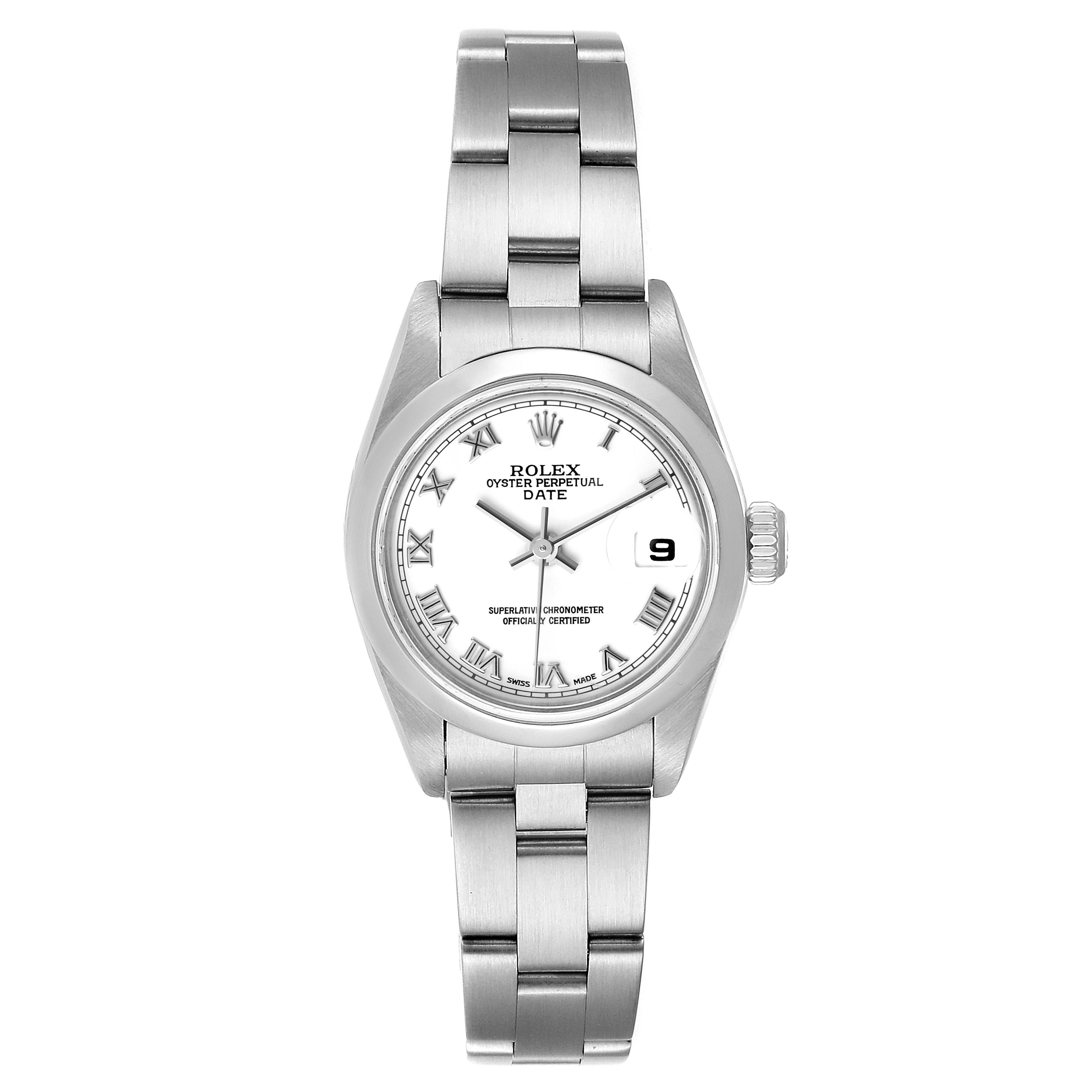 This image shows a front view of the Rolex Date 79160 Women
s Stainless Steel White Dial 79160 Women
s Stainless Steel White Dial model watch, highlighting its dial, bezel, crown, and bracelet.